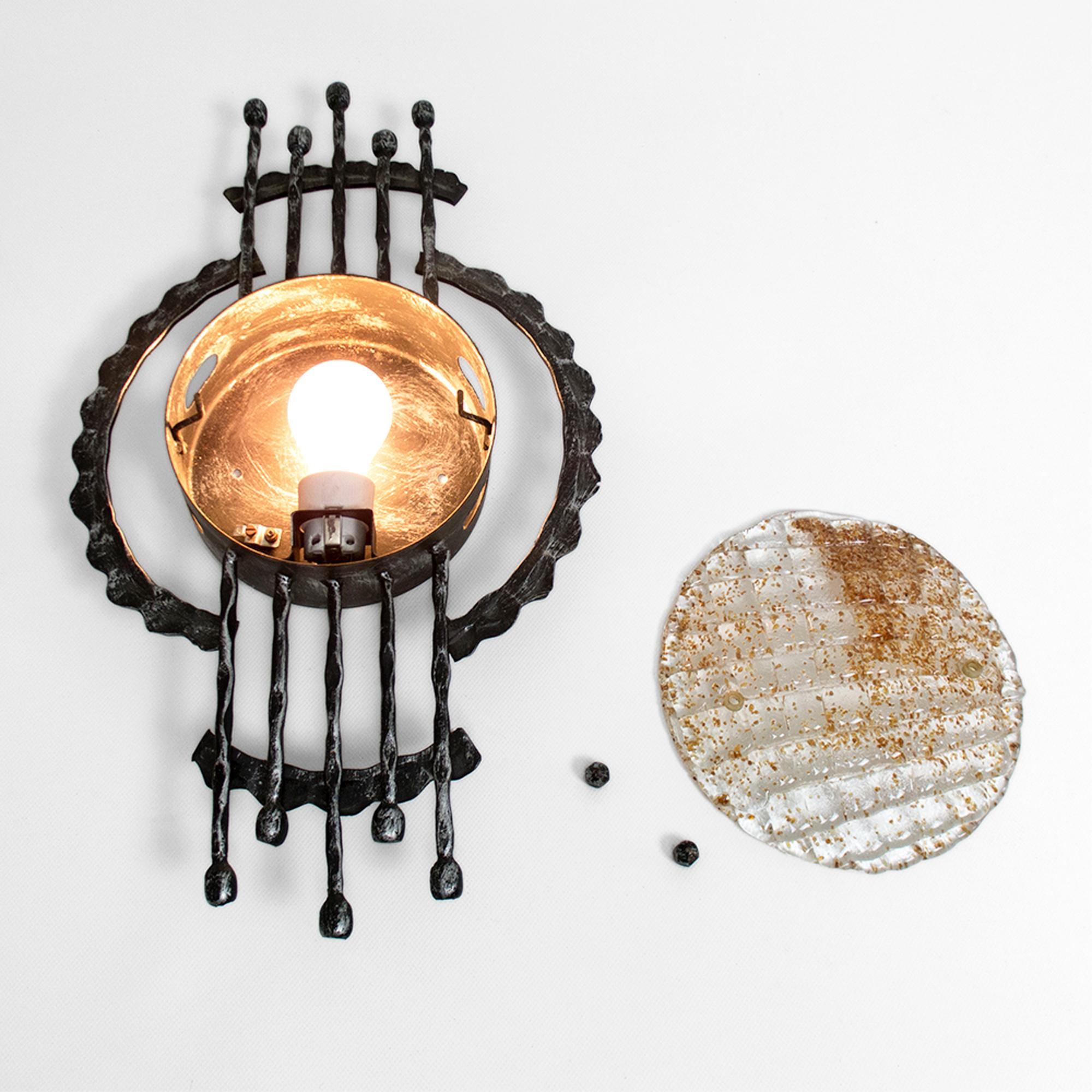 1960s Set of 2 Brutalist Iron Murano Glass Wall Sconces by Ahlström and Ehrich For Sale 2