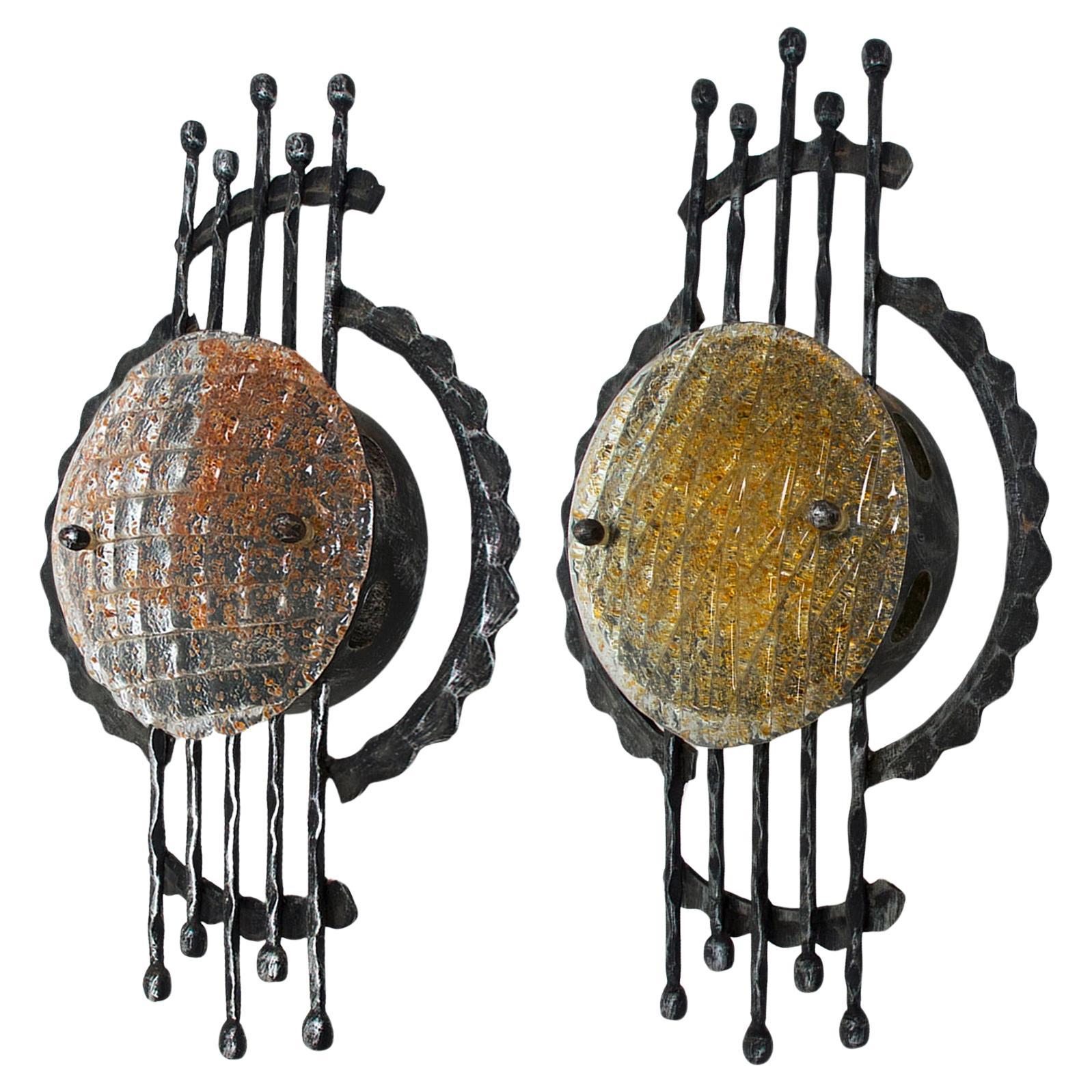 1960s Set of 2 Brutalist Iron Murano Glass Wall Sconces by Ahlström and Ehrich For Sale