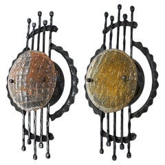 Vintage 1960s Set of 2 Brutalist Iron Murano Glass Wall Sconces by Ahlström and Ehrich