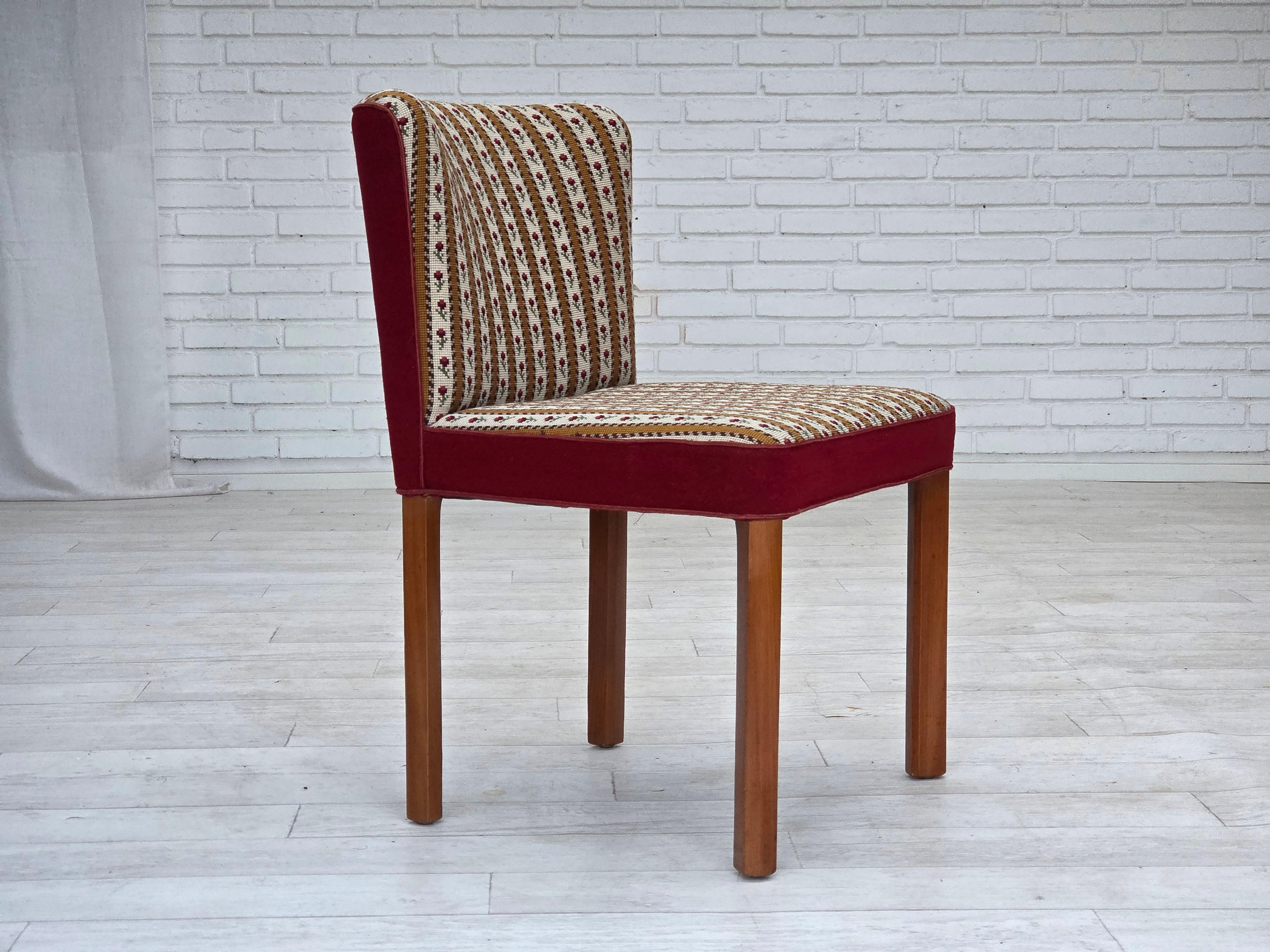 1960s, set of 2 Danish easy chairs. Original very good condition: no smells, no stains and stable construction. Original traditional Danish woven wool fabric, red furniture wool fabric, ash wood legs. Manufactured by Danish furniture maker in about