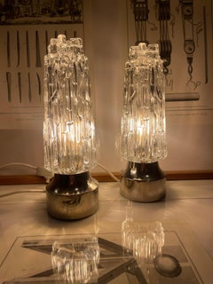 1960s Set of 2 Rocky Ice Glass Dome Table Lamps, Chrome Base, German Mid-Century