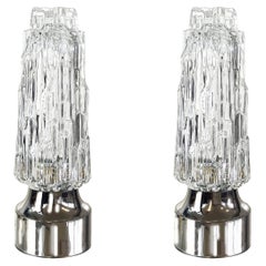 1960s Set of 2 Rocky Ice Glass Dome Table Lamps, Chrome Base, German Mid-Century