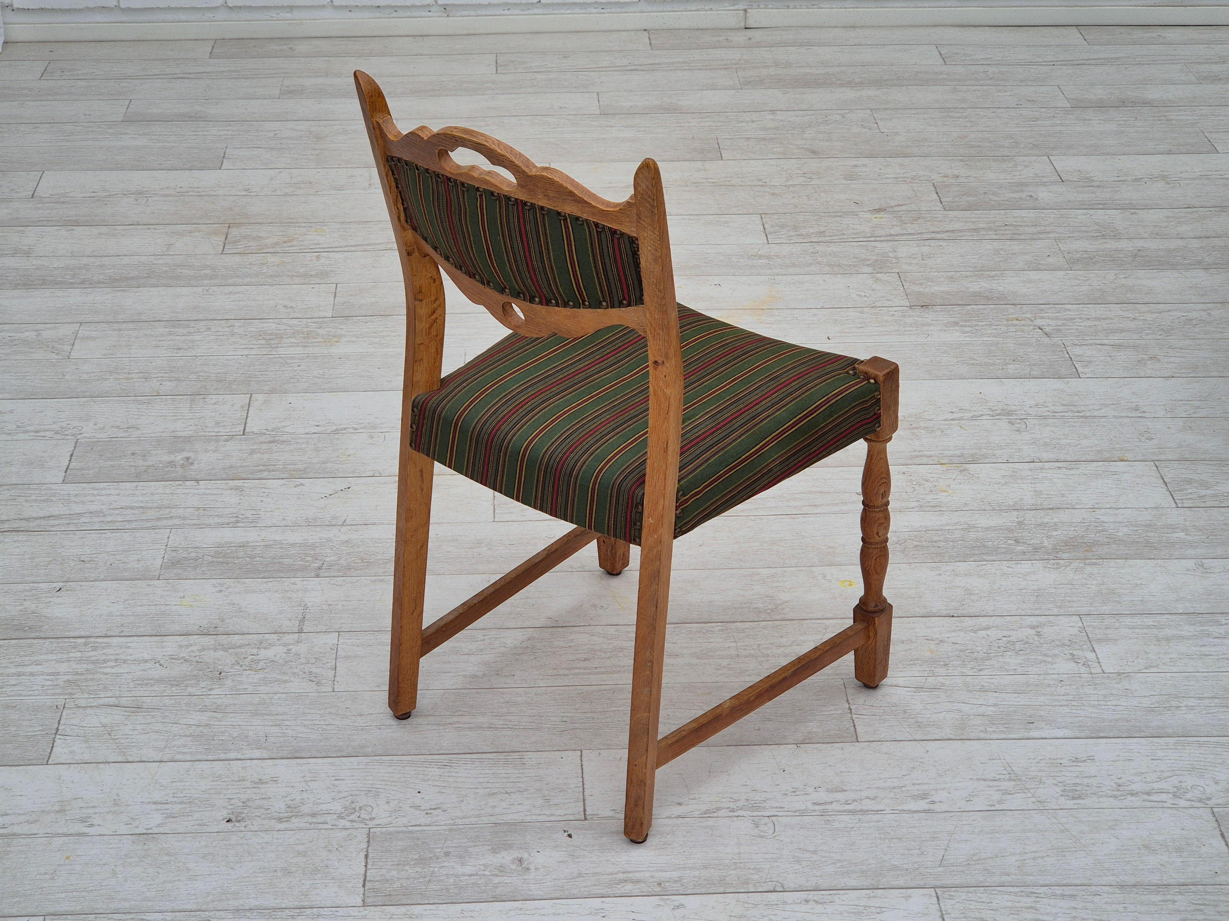 1960s, set of 3 dining Danish chairs, original condition, furniture wool, oak. 3