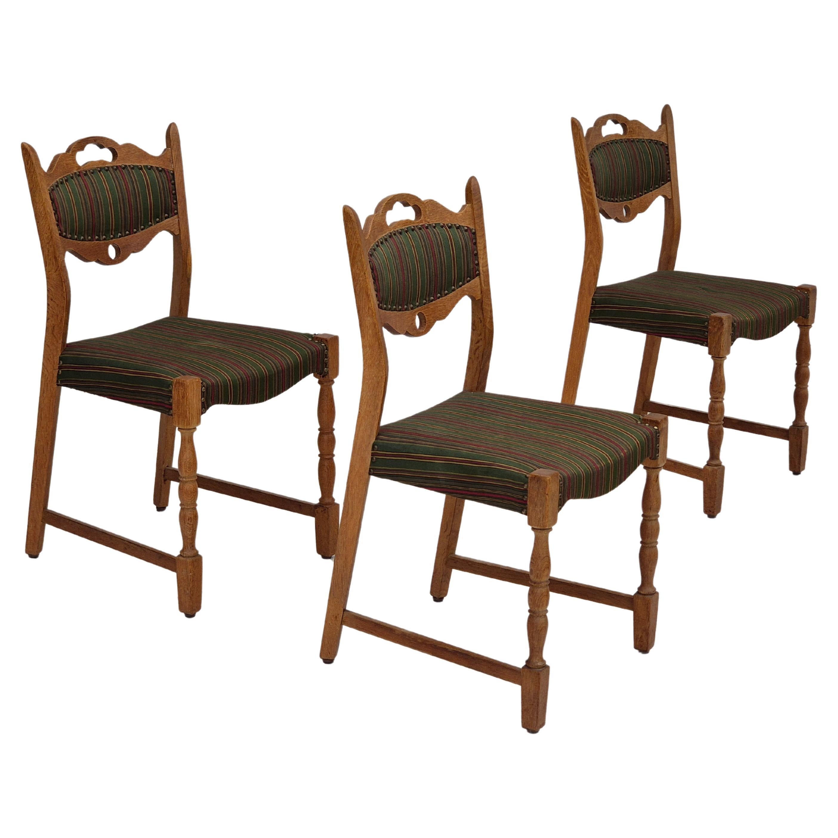 1960s, set of 3 dining Danish chairs, original condition, furniture wool, oak.