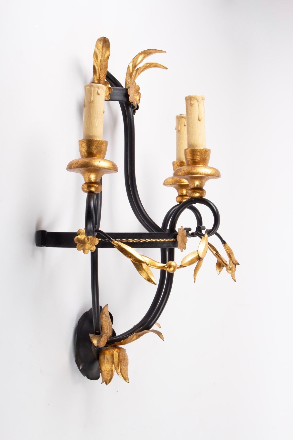 Wrought Iron 1960s Set of 3 Maison Honore Neoclassical Sconces