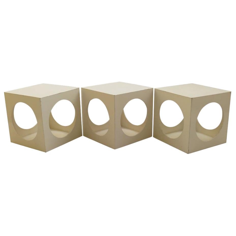 1960s Set of 3 White Cube Box Tables Nightstand Storage Boxes