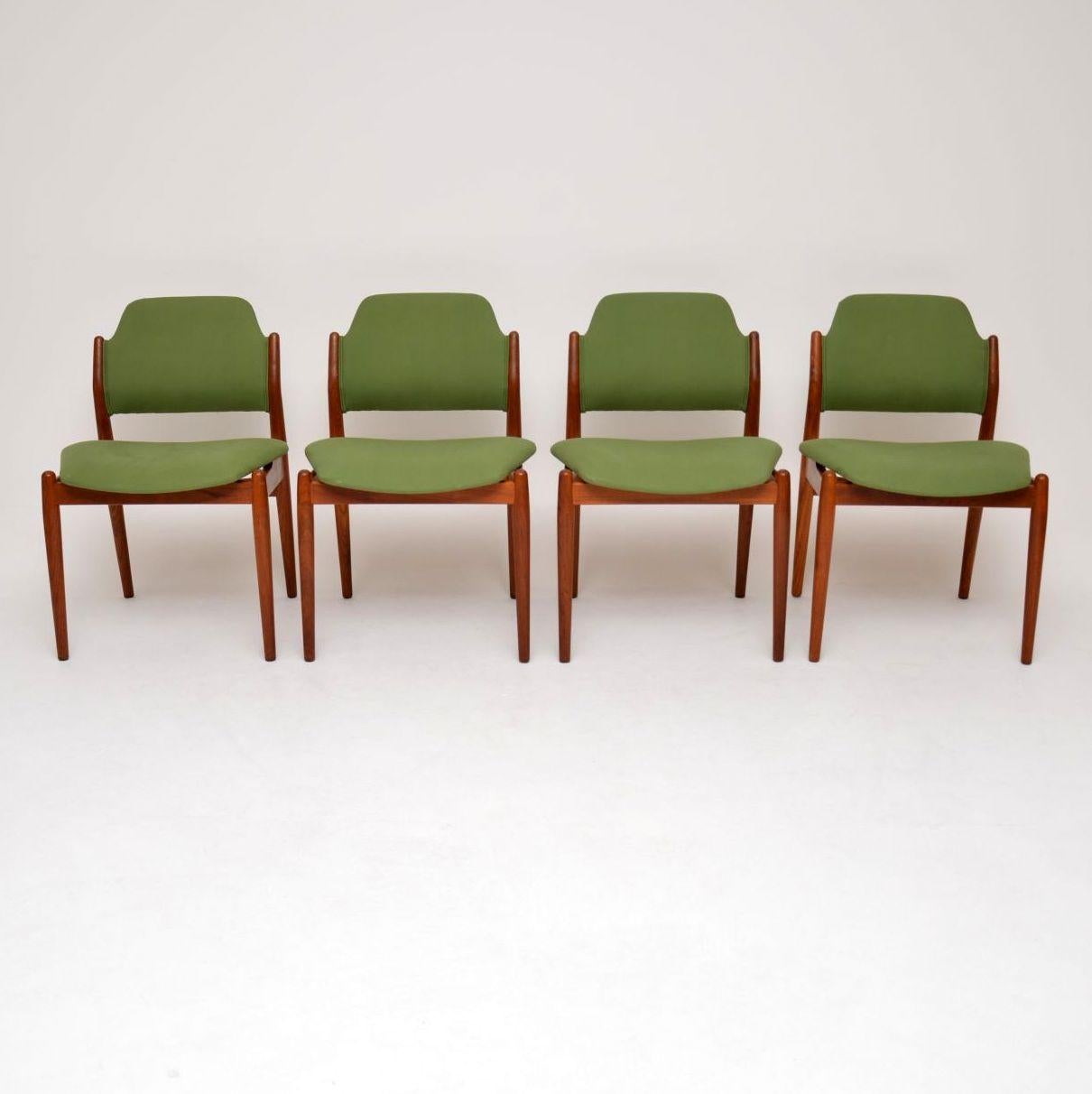 A beautifully designed and rare set of four Danish vintage dining chairs in teak. These were designed by Arne Vodder for Sibast, they date from the 1960’s. The quality is amazing and the condition is excellent for their age. We have had them fully