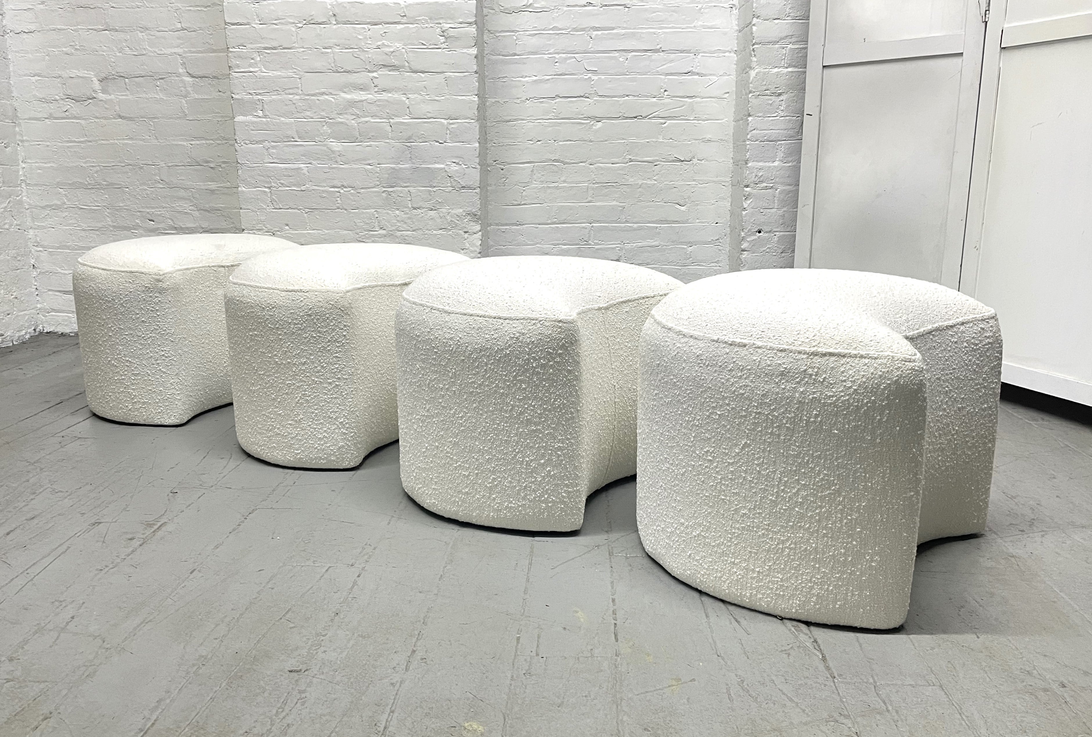 1960s set of 4 nesting stools upholstered in Boucle. The stools can be used in the nesting position or separately.
Each stool measures: 15 H x 20 W x 17 D.