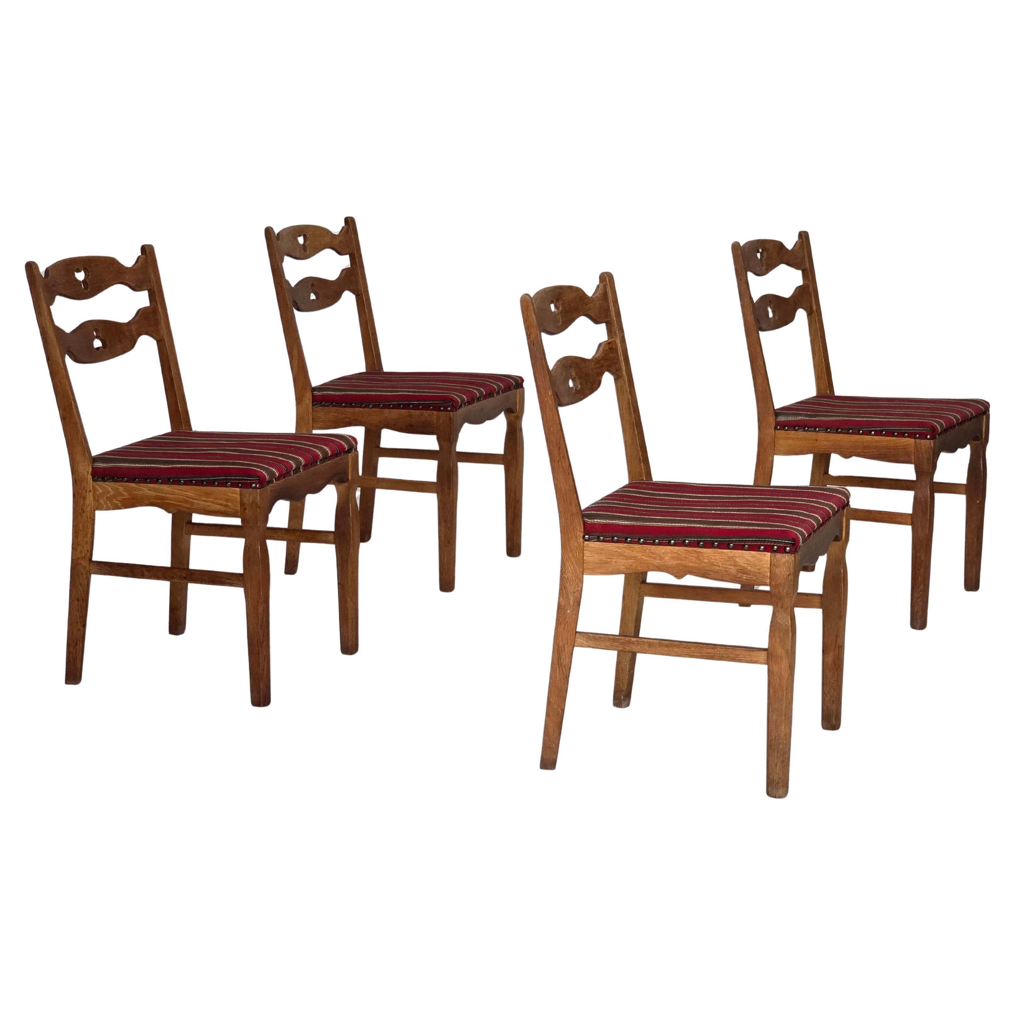 1960s, set of 4 pcs Danish dining chairs, furniture wool, solid oak wood.