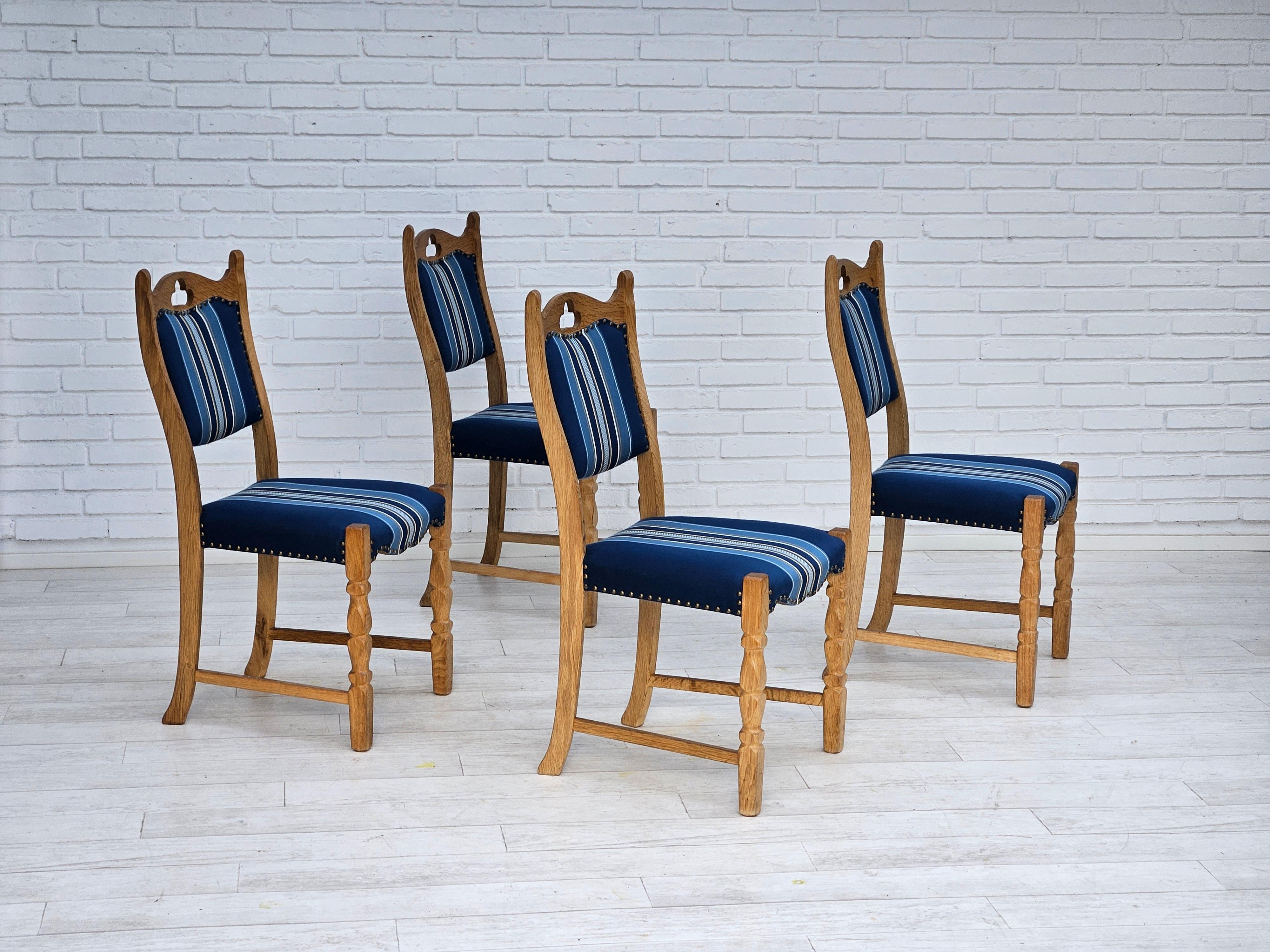 1960s, set of 4 pcs Danish dining chairs. Original very good condition: no smells and no stains. Furniture wool fabric, dark oak wood. Manufactured by Danish furniture manufacturer in about 1960s.