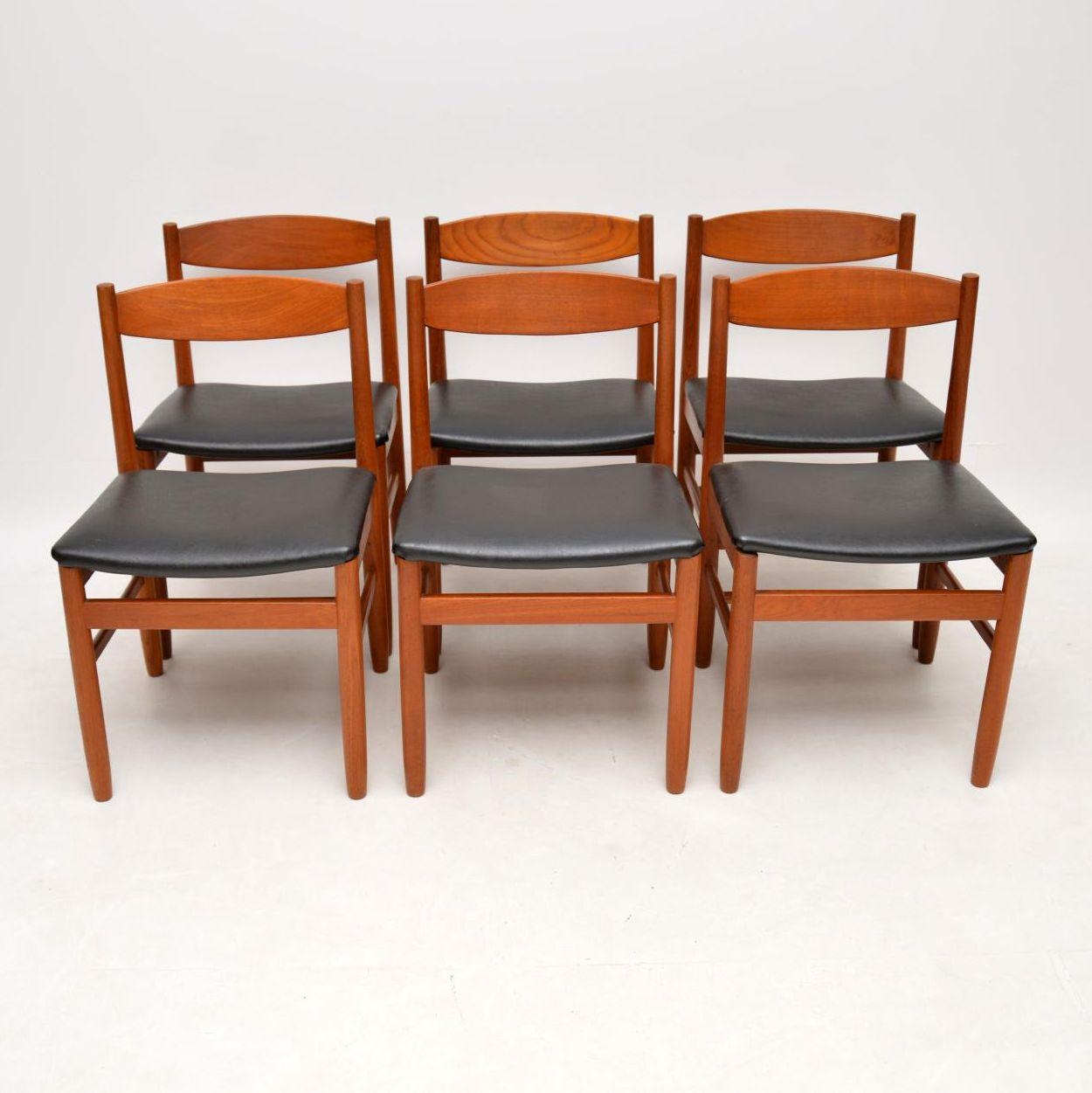A beautiful and very well made set of six vintage teak dining chairs, these were designed by Robert Heritage, and made by Archie Shine in the 1960s. They are in excellent condition for their age; they are all clean, sturdy and sound, with only some