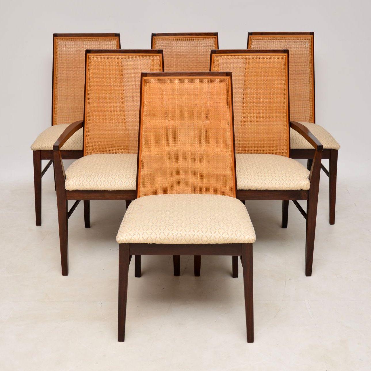 A beautiful and very comfortable set of six wood dining chairs, these were made in Denmark by Dyrlund, they date from the 1960-1970s. They’re in good condition for their age, all the frames are clean, sturdy and sound. The seats were recently