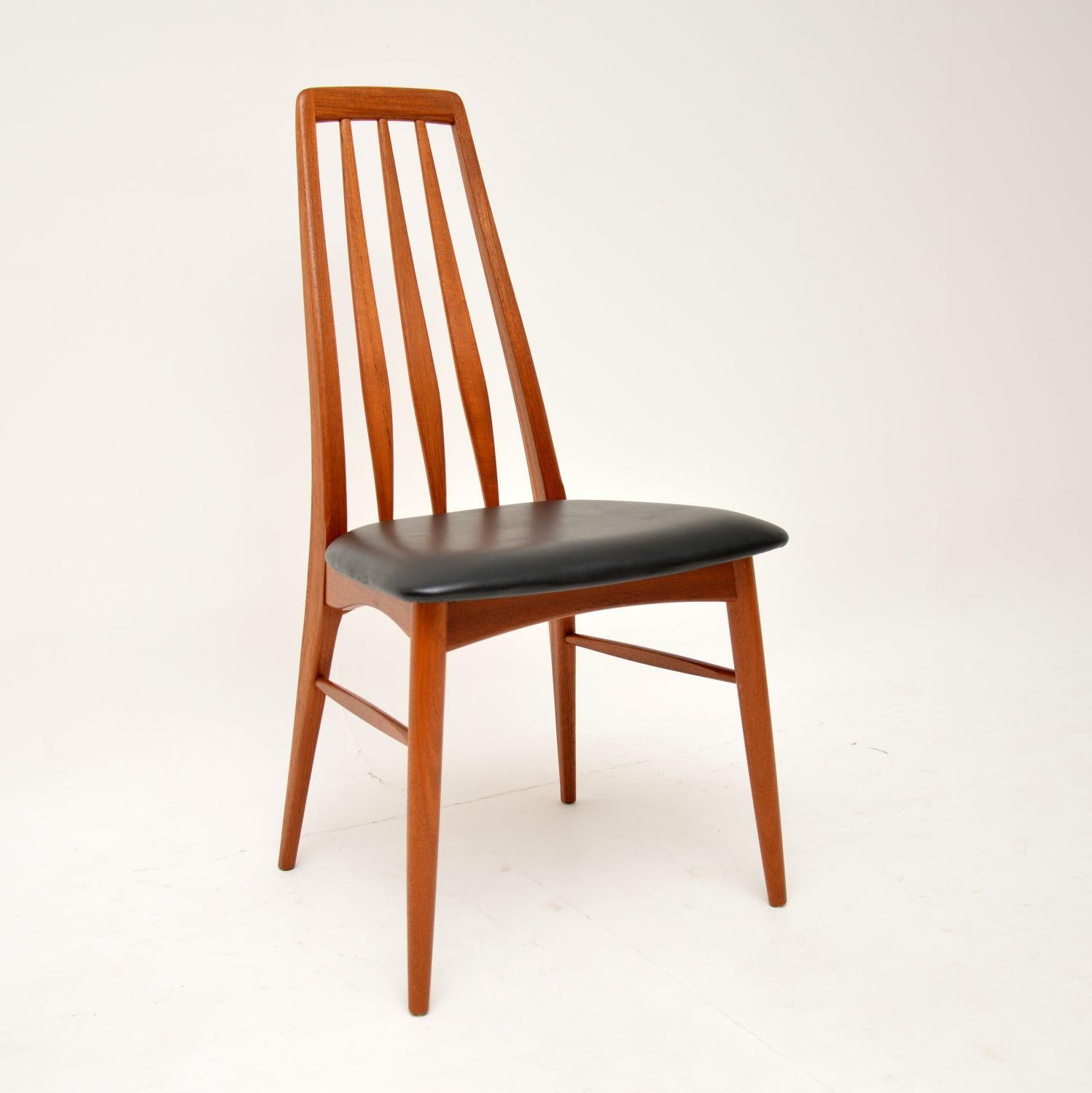 A stunning set of eight vintage danish dining chairs in teak, dating from the 1960’s. These were designed by Niels Kofoed, they are the ‘Eva’ model. They were made in Denmark by Koefoeds Hornslet, and are all stamped with the makers mark beneath the