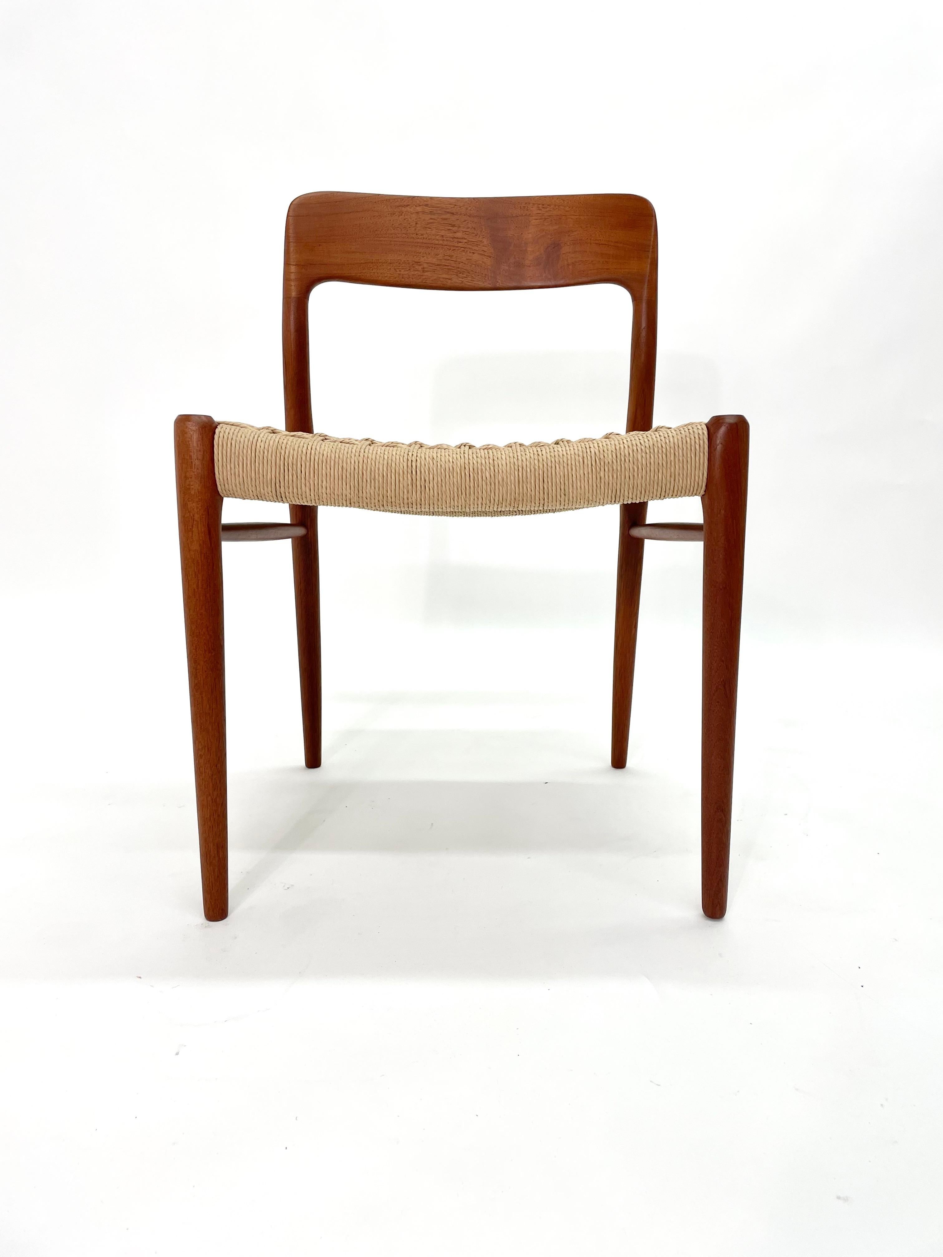 A beautiful set of eight 1960s teak dining chairs – model 71 – designed by Niels Otto Møller for his own company J.L. Møller Møbelfabrik Denmark.

The Model 71 was designed in 1951 and was one of Moller’s first designs, which remains an all-time