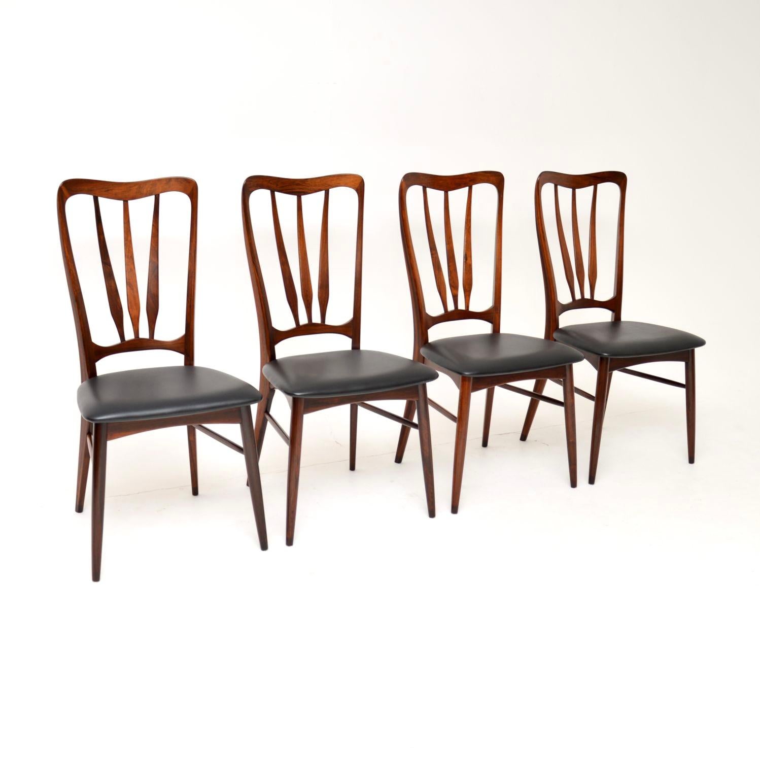 A stunning and rare set of four Danish vintage dining chairs. They were designed by Niels Koefoed, this model is called the ‘Ingrid’ chair, they were made in the 1960’s.

They are beautifully crafted and are of superb quality. The design is