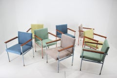 1960s Set of Eight Iron and Wood Armchairs/Dining Chairs, Czechoslovakia