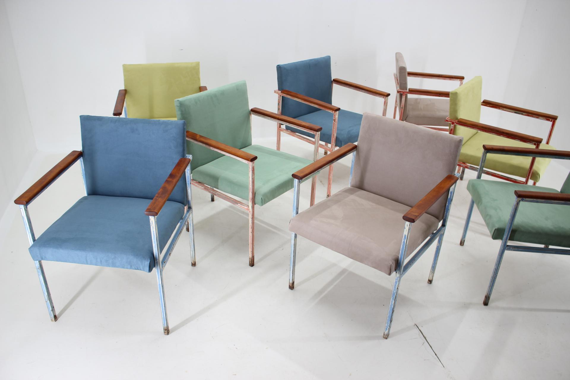 Mid-Century Modern 1960s Set of Eight Iron and Wood Armchairs/Dining Chairs, Czechoslovakia  For Sale