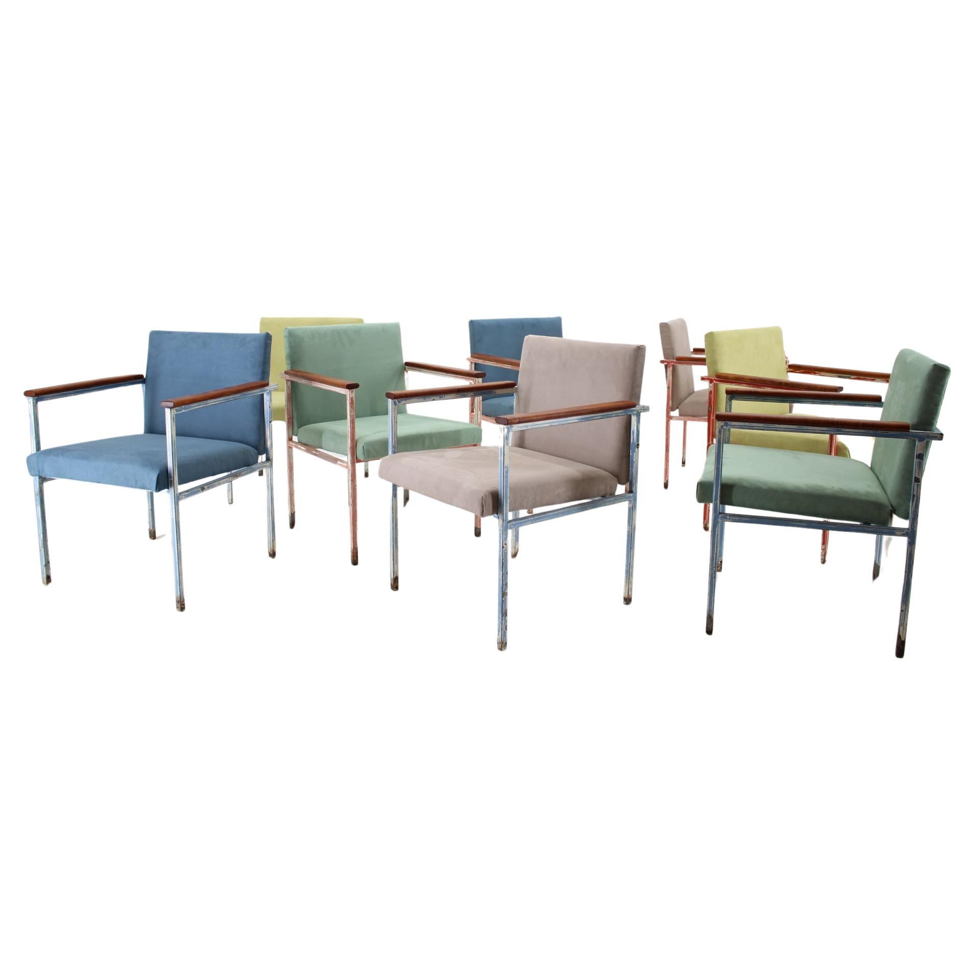 1960s Set of Eight Iron and Wood Armchairs/Dining Chairs, Czechoslovakia For Sale