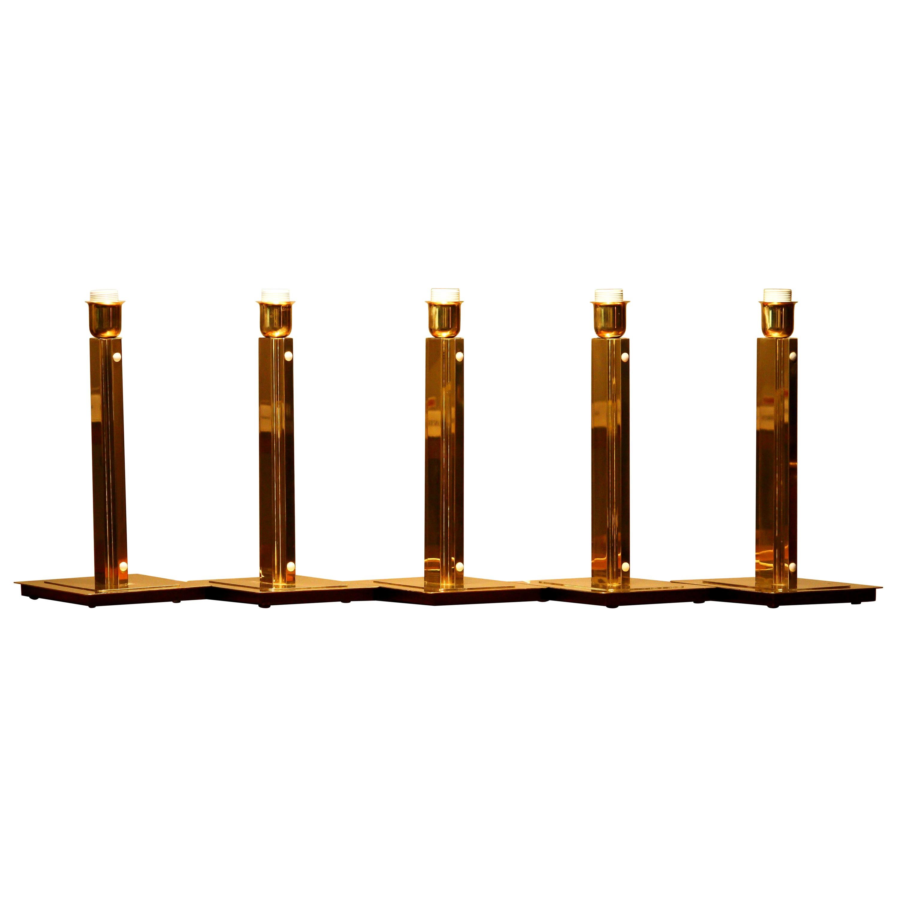 1960s, Set of Five Hollywood Regency Polished Brass Table Lamps by Örsjö, Sweden In Good Condition In Silvolde, Gelderland