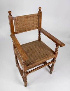 Juego de cinco sillones de madera de los años 60 con asiento y respaldo de cuerda