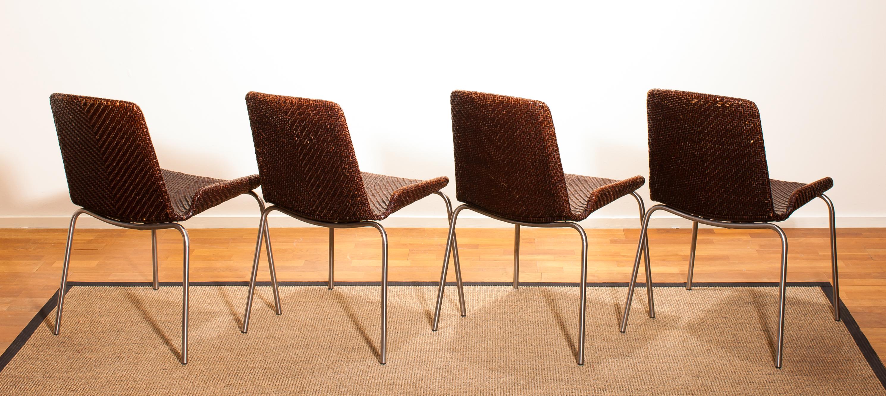 1960s, Set of Four Leather Braided Dining Chairs, Italy 3