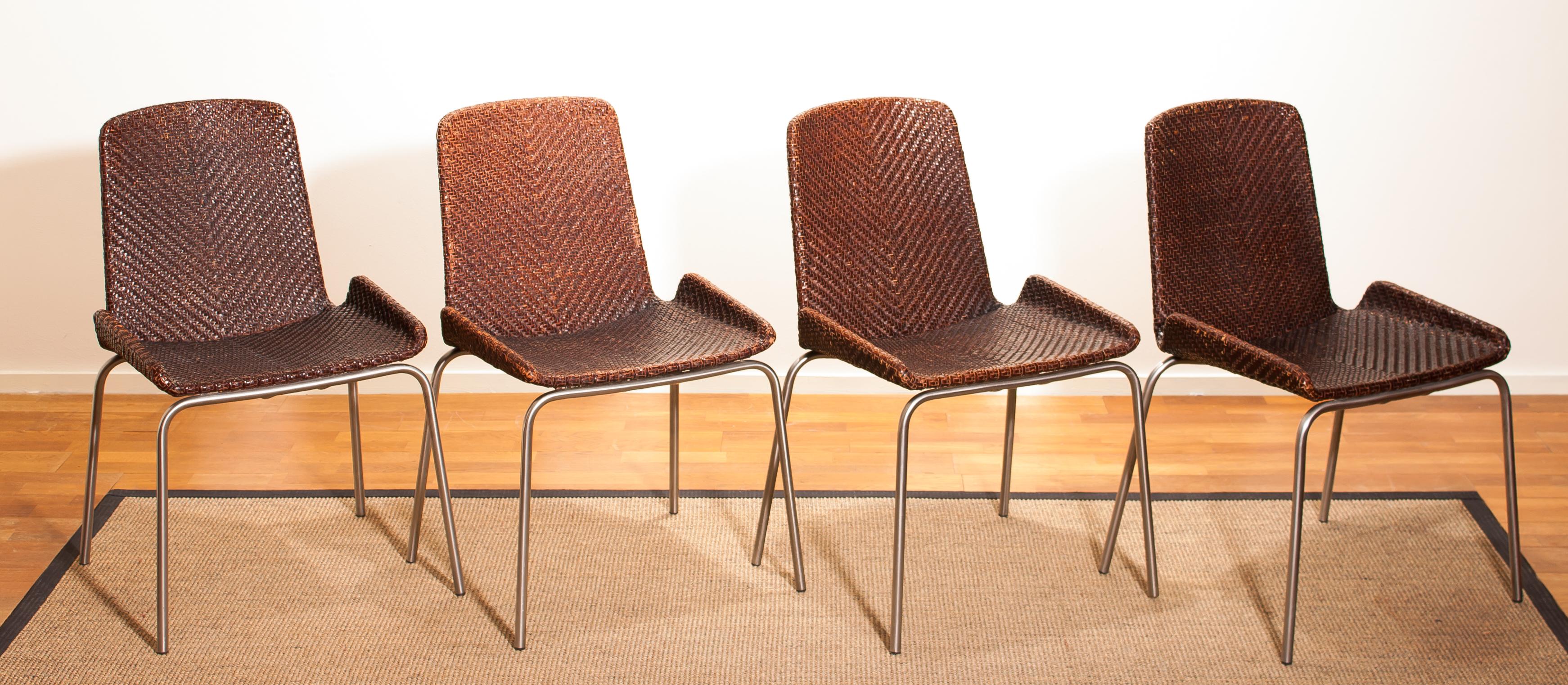 1960s, Set of Four Leather Braided Dining Chairs, Italy 6