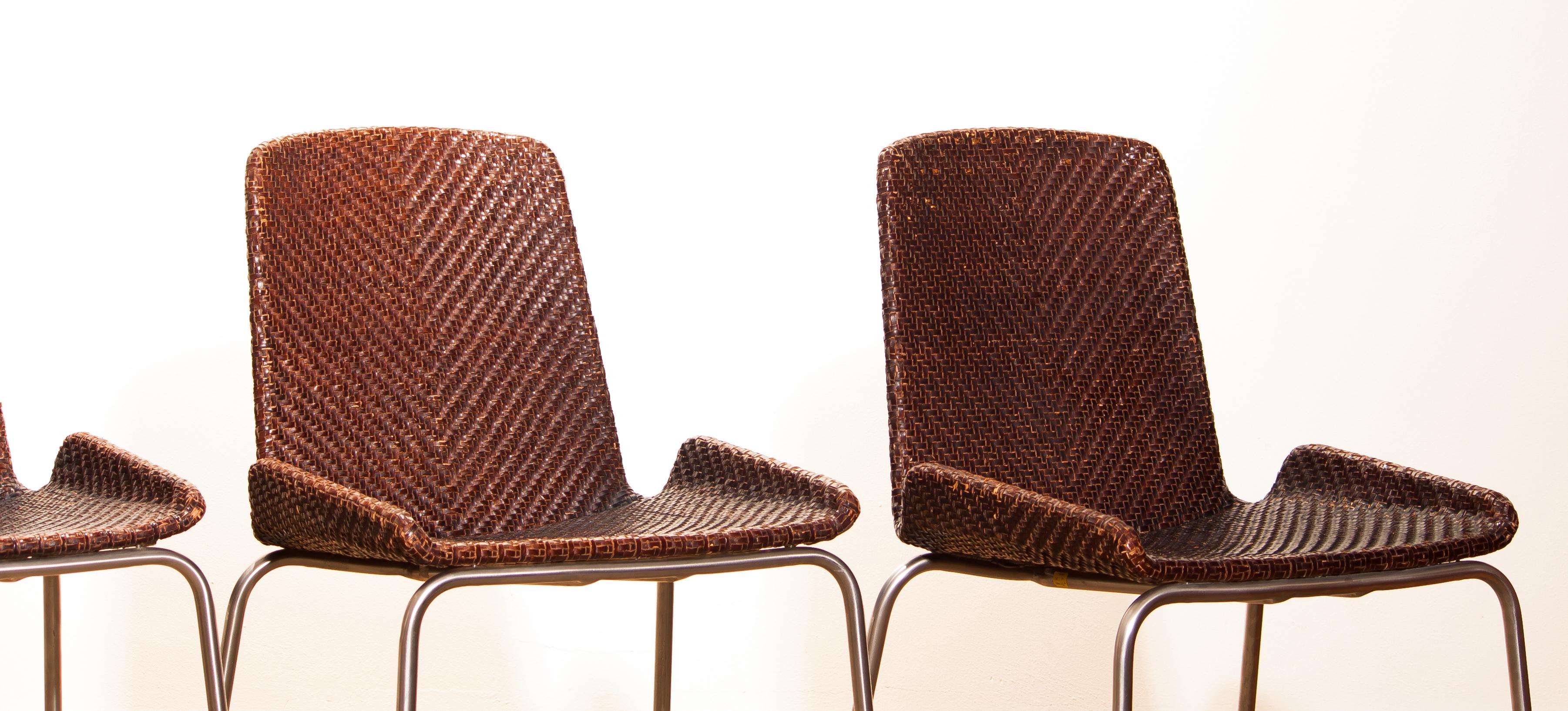 1960s, Set of Four Leather Braided Dining Chairs, Italy 9