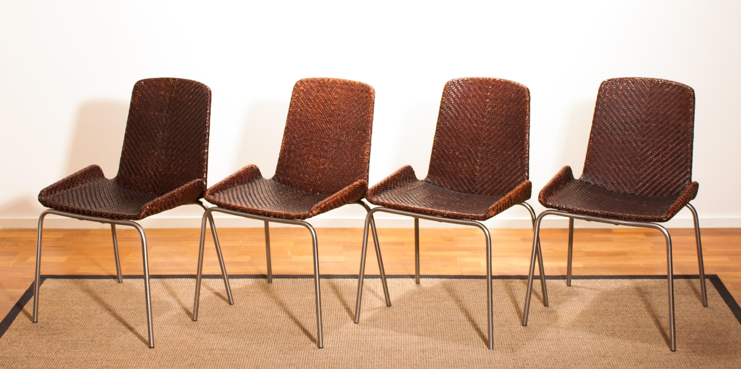 Italian 1960s, Set of Four Leather Braided Dining Chairs, Italy