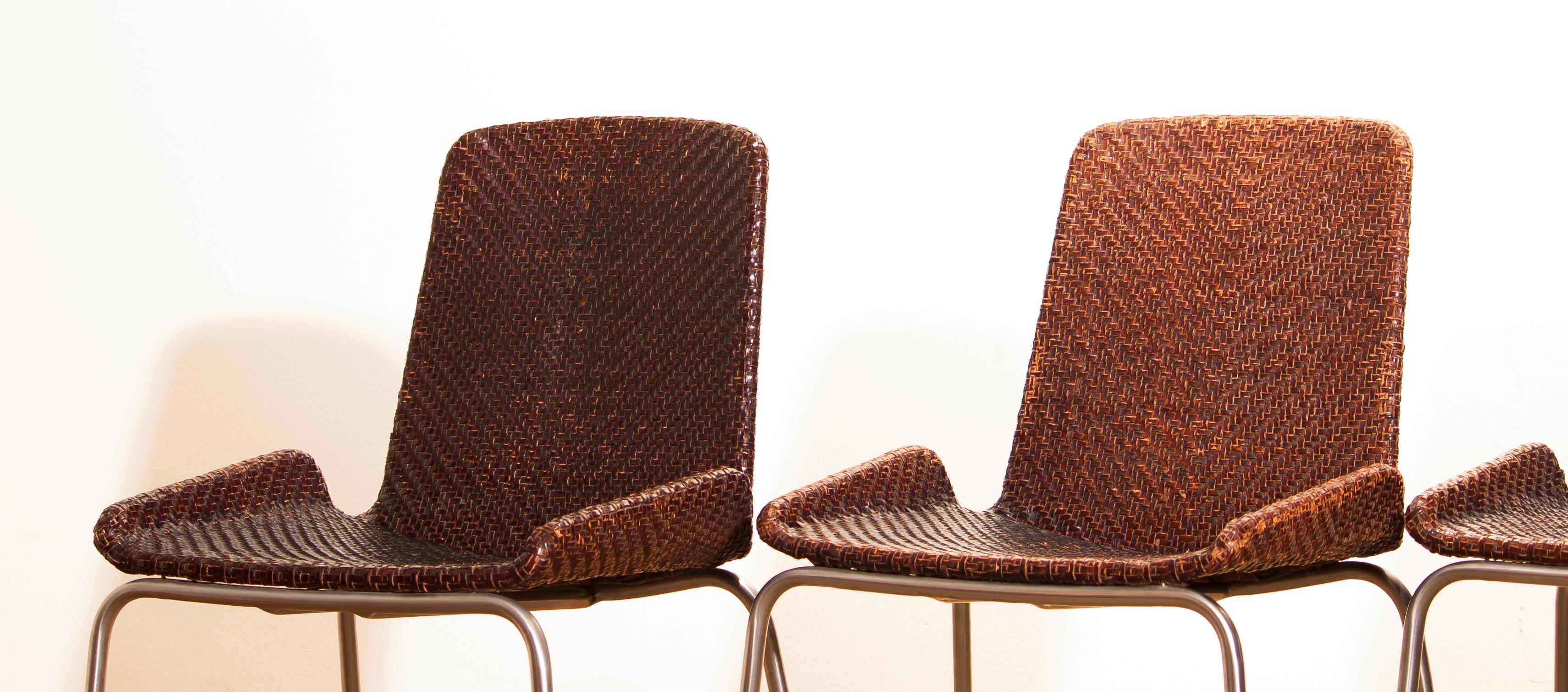 Mid-20th Century 1960s, Set of Four Leather Braided Dining Chairs, Italy