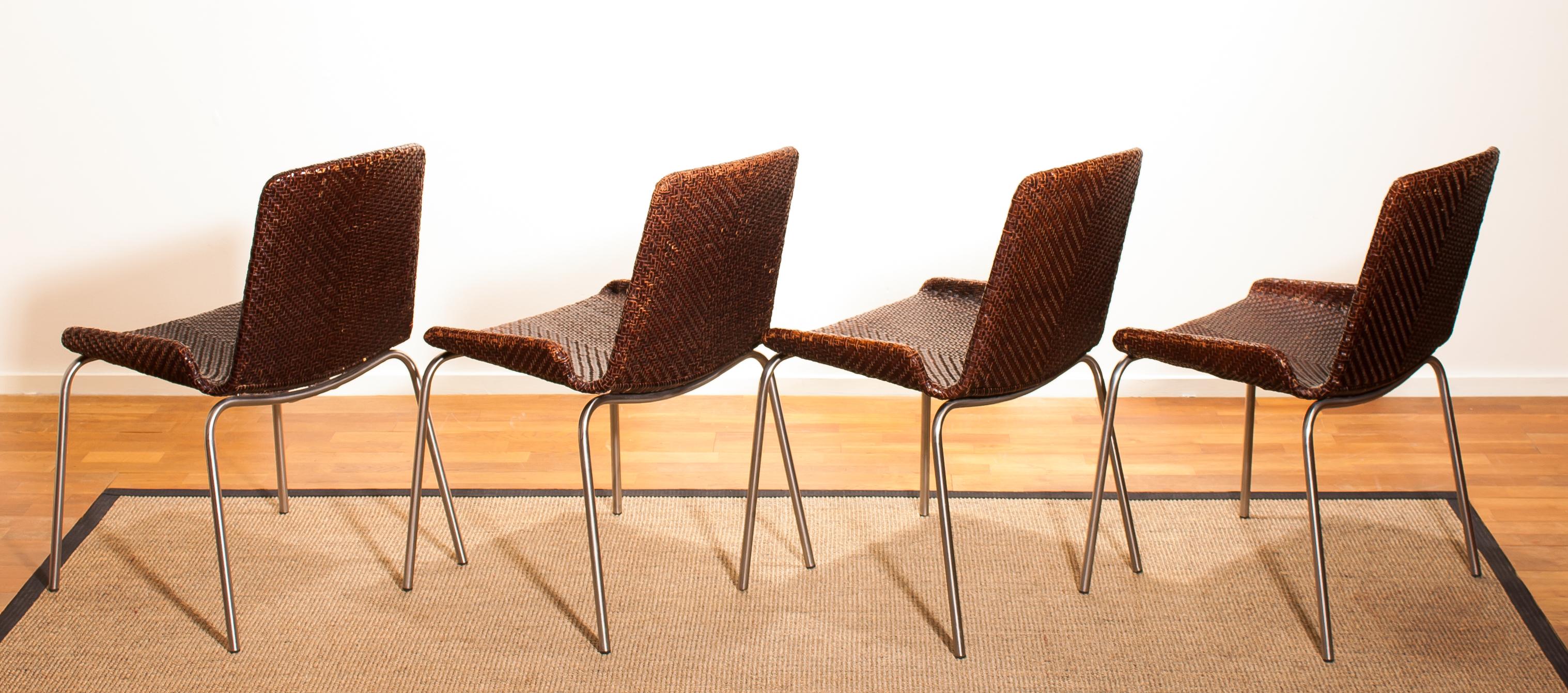 Steel 1960s, Set of Four Leather Braided Dining Chairs, Italy