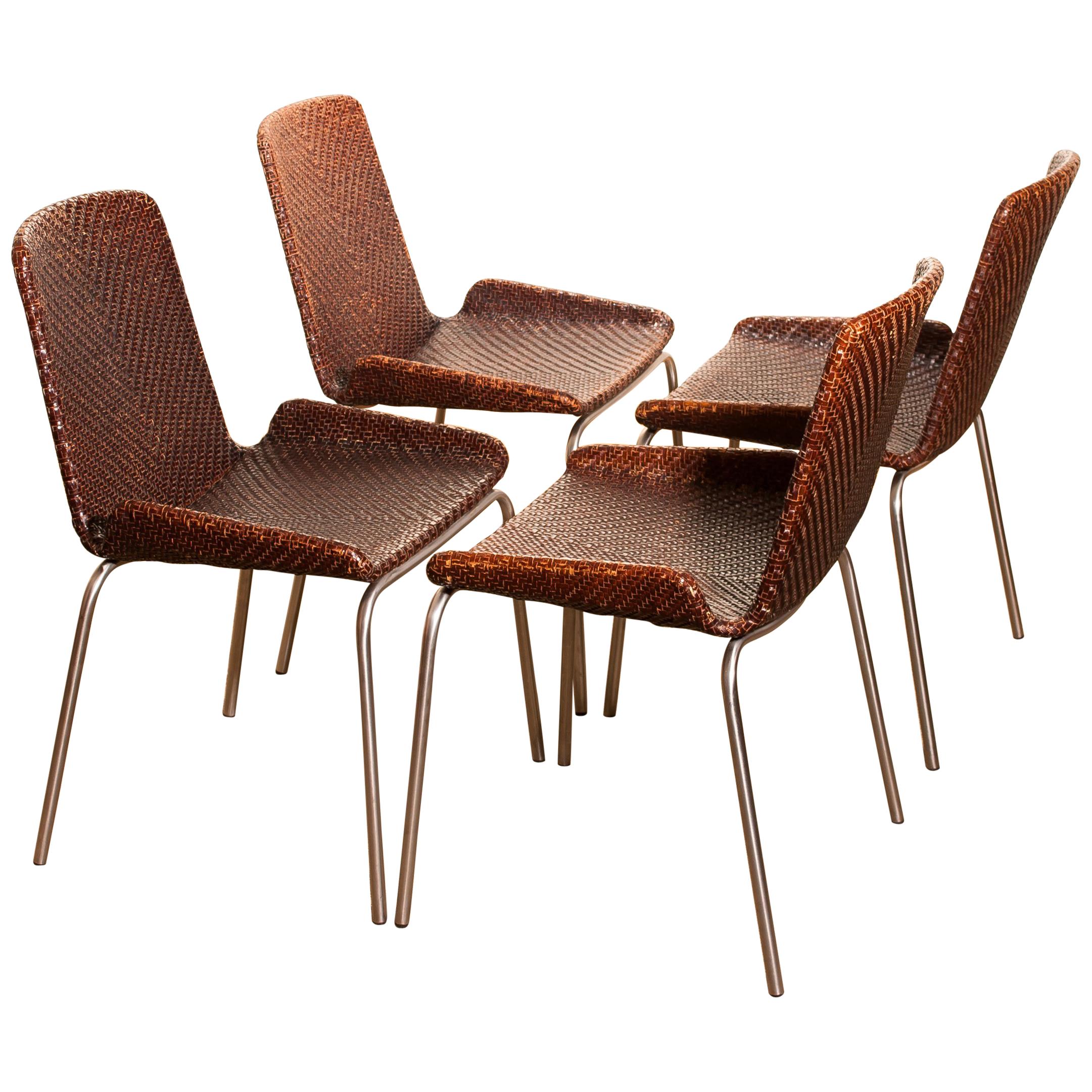 1960s, Set of Four Leather Braided Dining Chairs, Italy