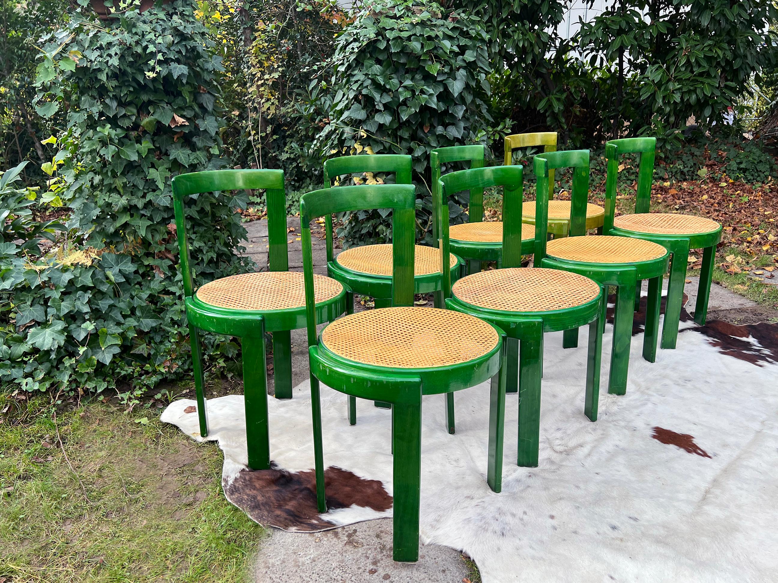 **This listing is for a set of 4 chairs, the other set of 4 has sold.

A complete set of 4 Fabulous, rare Mid Century Italian set of dining chairs with stunning stained green wood frames and round cane seats are available. The lighter green chair is