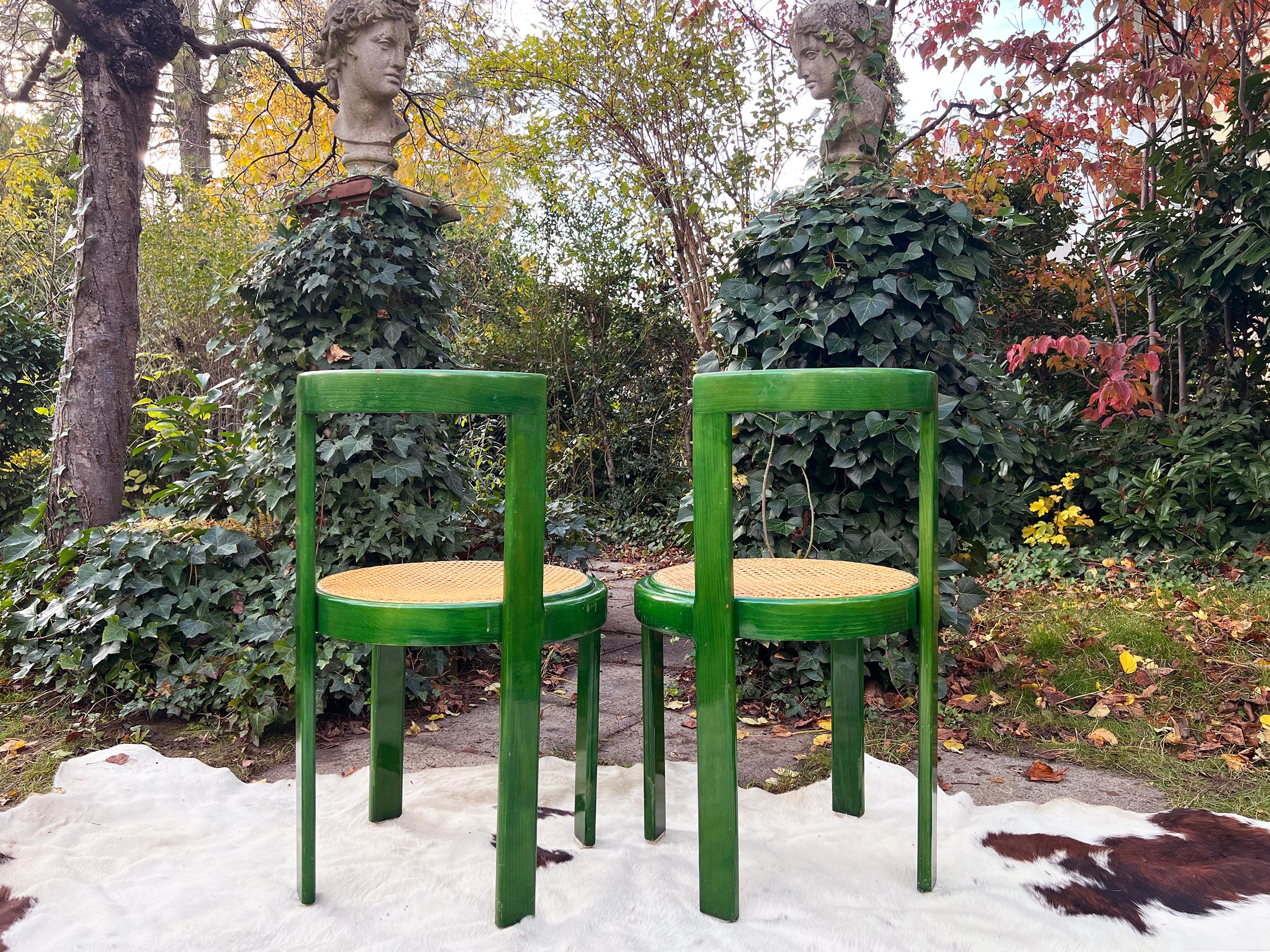 1960s Set of Four Mid-Century 1960s Italian Green Bentwood Dining Chairs, Cane 3