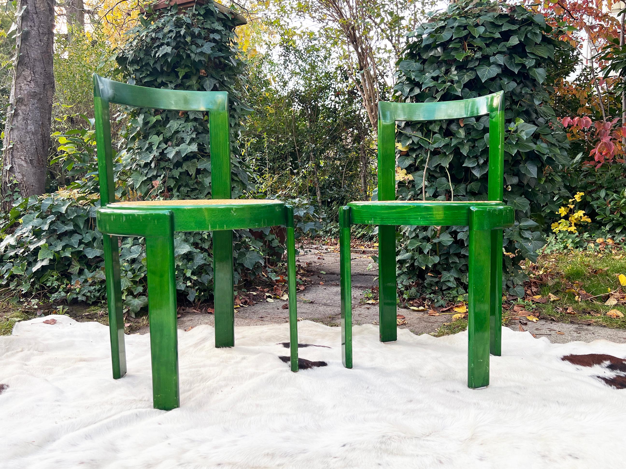 1960s Set of Four Mid-Century 1960s Italian Green Bentwood Dining Chairs, Cane 1