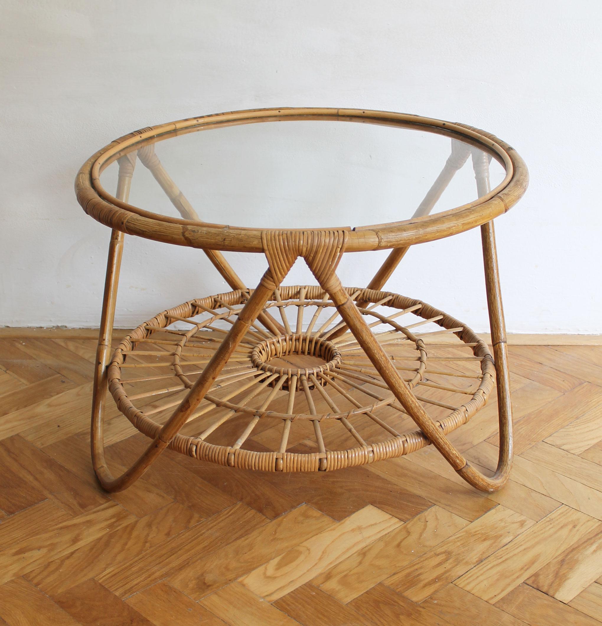 This is an original rattan set of furniture from the 1960’s. There is no producer label attached on any piece of this set and so it is unknown to us who designed and produced this set. However this design is very similar to work of two Czech