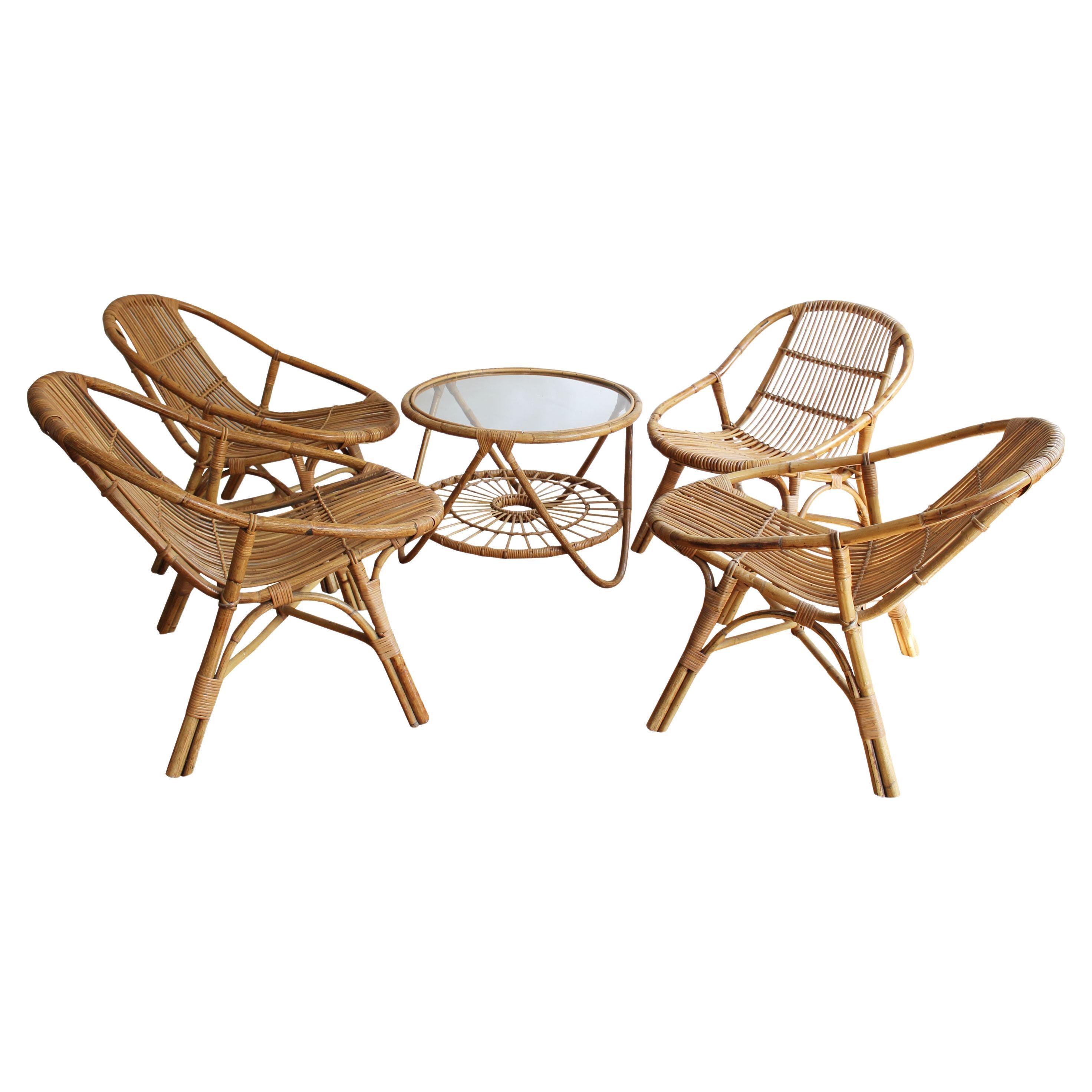 1960's Set of Four Rattan Armchairs and Side Table by Jaroslav Prochazka for ULU For Sale