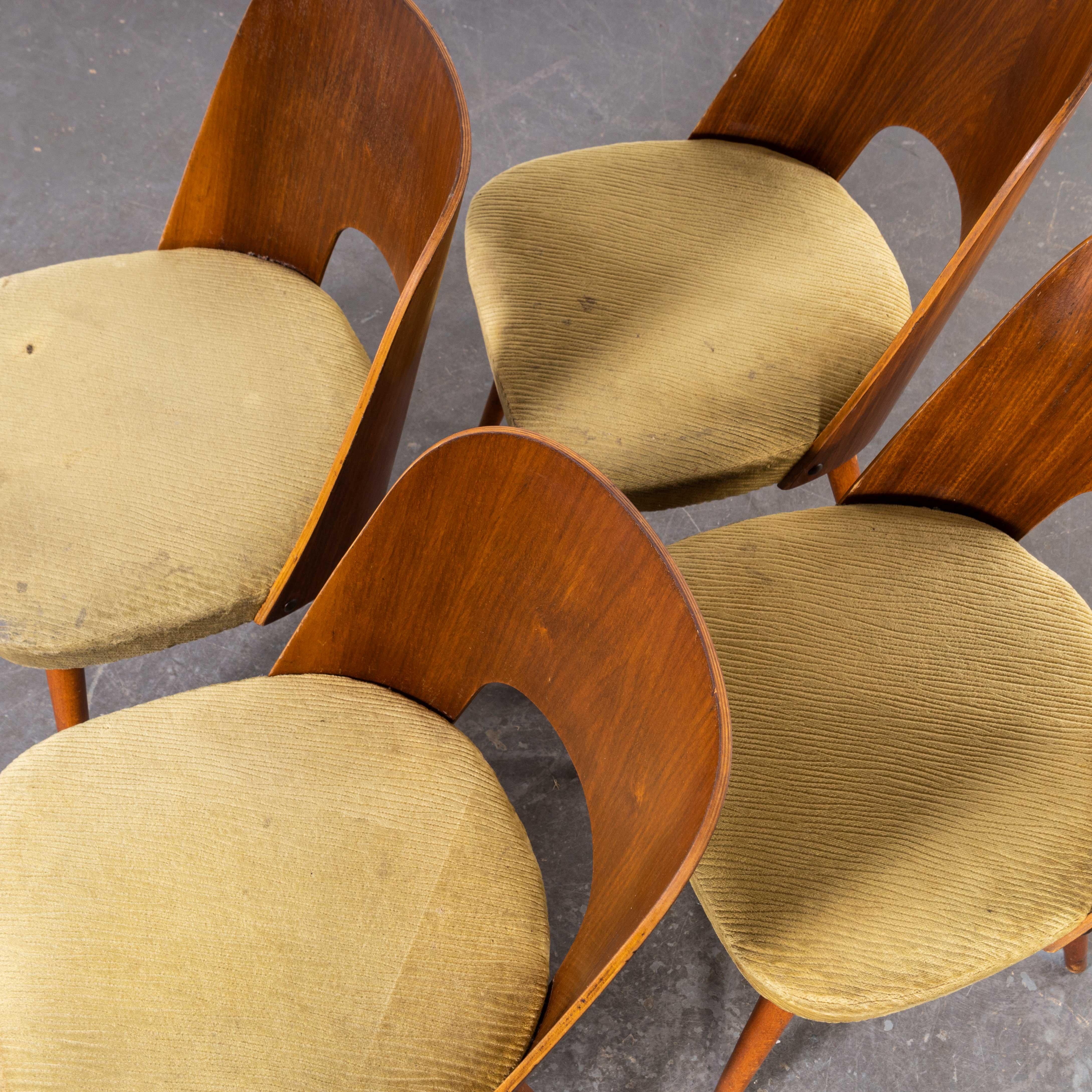 1960’s set of four upholstered dining chairs – Oswald Haerdtl (1929)
1960’s set of four upholstered dining chairs – Oswald Haerdtl (1929). These chairs were produced by the famous Czech firm Ton, still trading today and producing beautiful