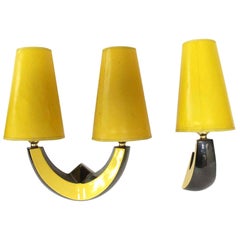 1960s Set of French Mid-Century Modern Black and Yellow Ceramic Sconces