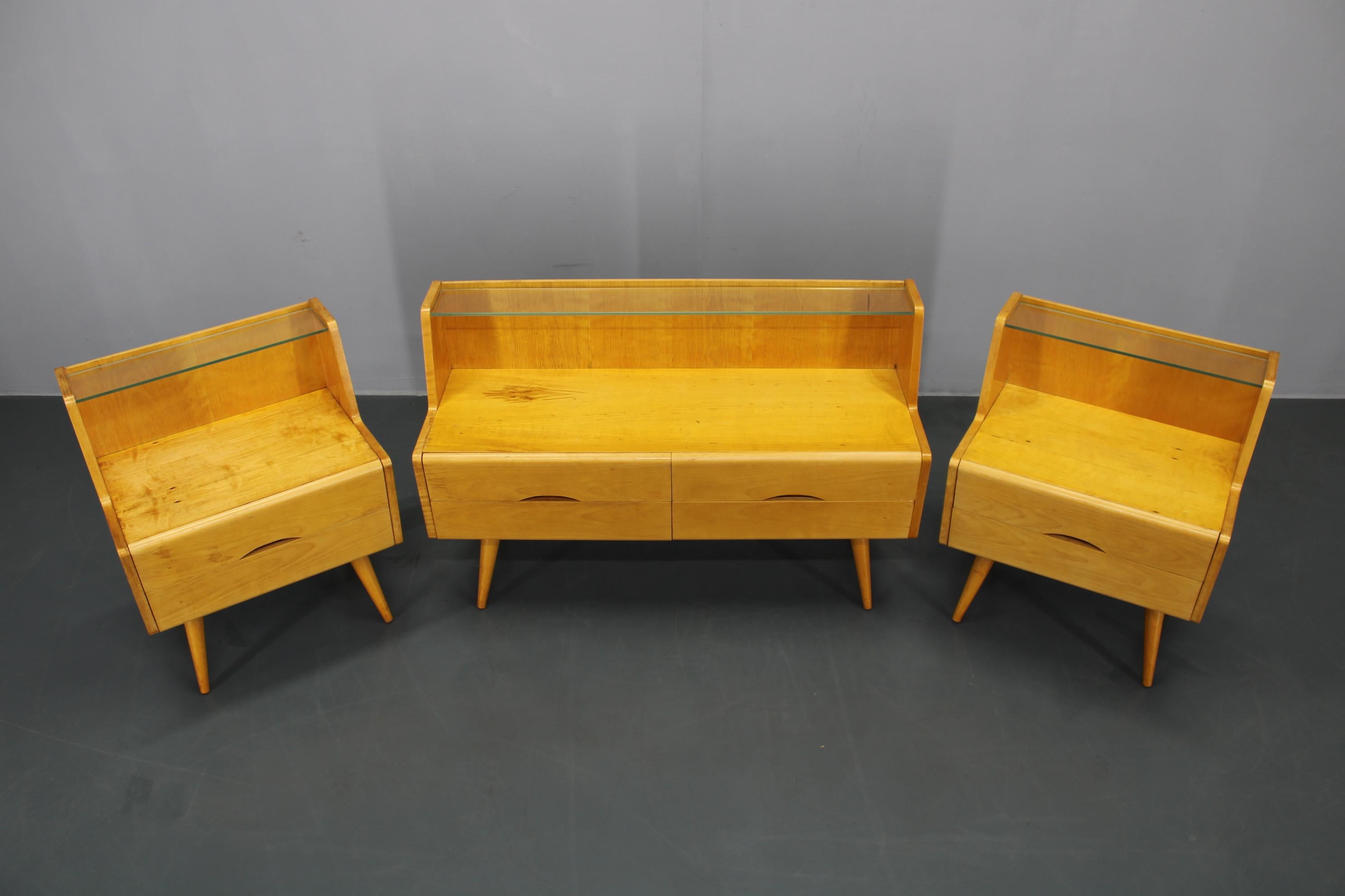 Mid-Century Modern 1960s Set of Night Stands and Chest of Drawers with Glass Shelf, Czechoslovakia For Sale