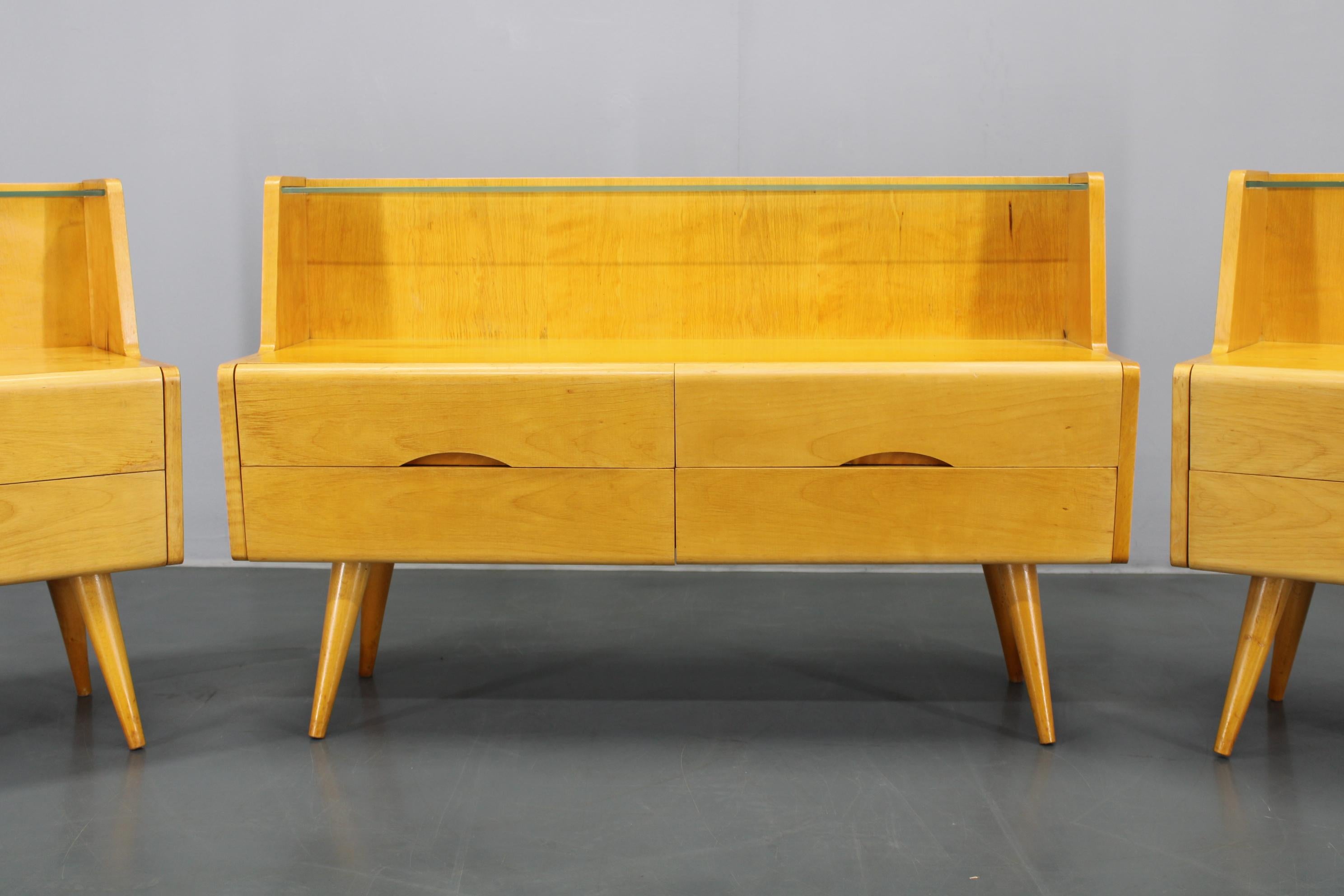 20th Century 1960s Set of Night Stands and Chest of Drawers with Glass Shelf, Czechoslovakia For Sale