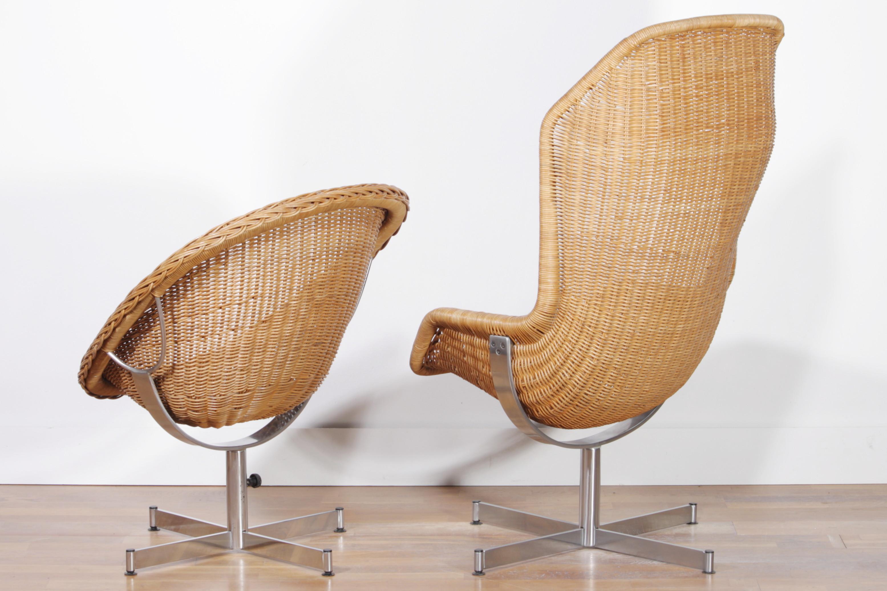 Dutch 1960s, Set of Rattan Swivel Chairs by Dirk Van Sliedregt for Gebroeders Jonkers