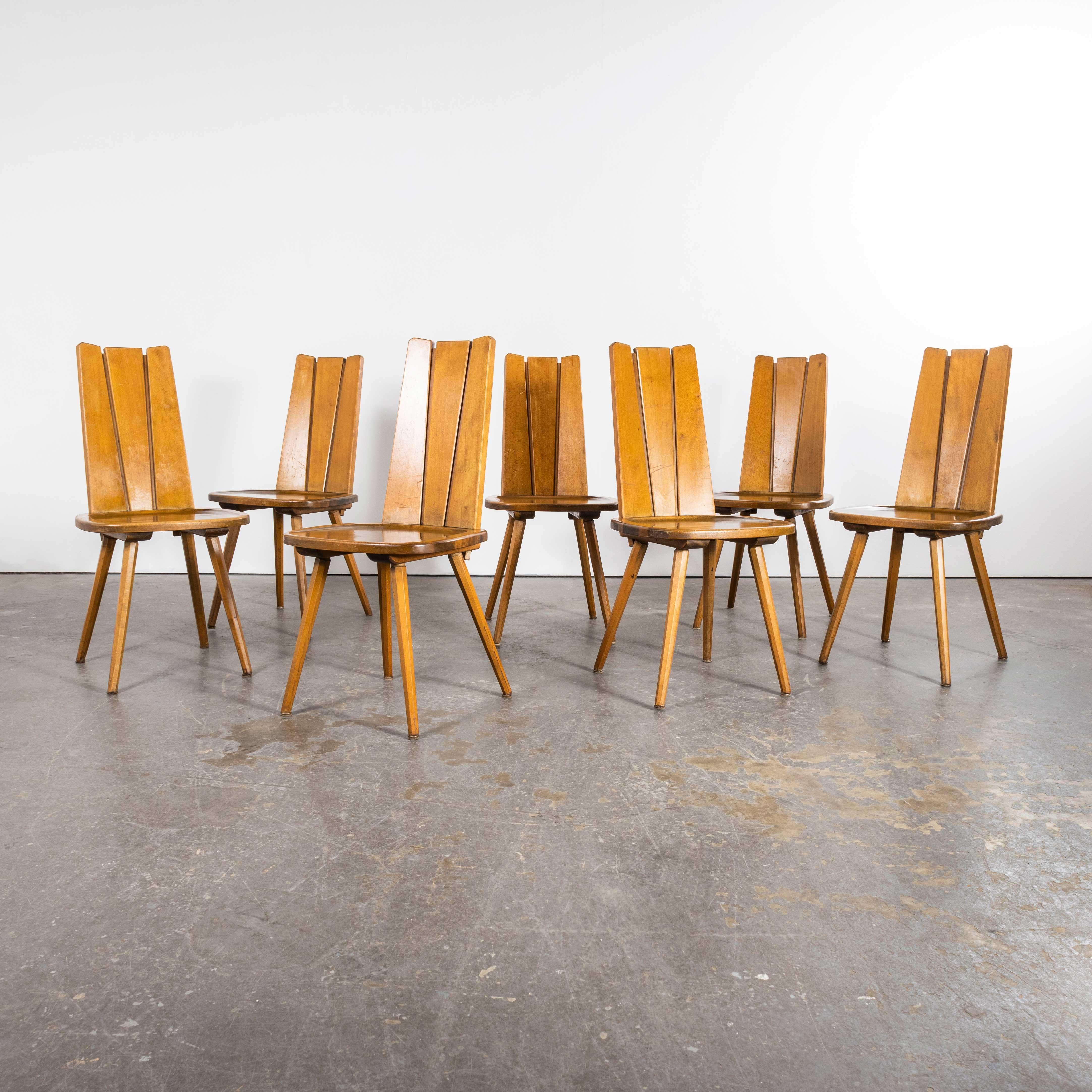 1960's Set Of Seven French Solid Slat Back Dining Chairs For Sale 6