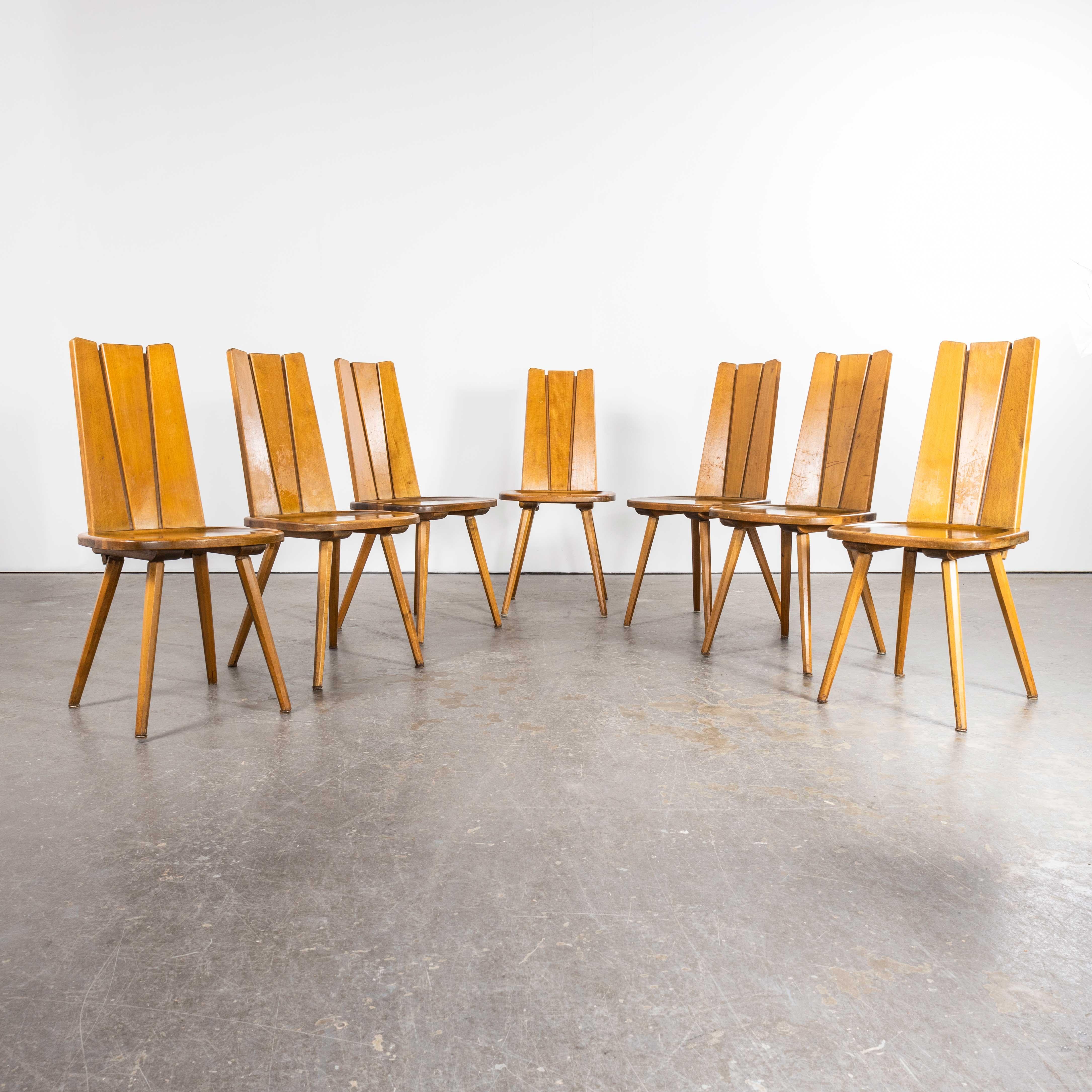 Mid-20th Century 1960's Set Of Seven French Solid Slat Back Dining Chairs For Sale
