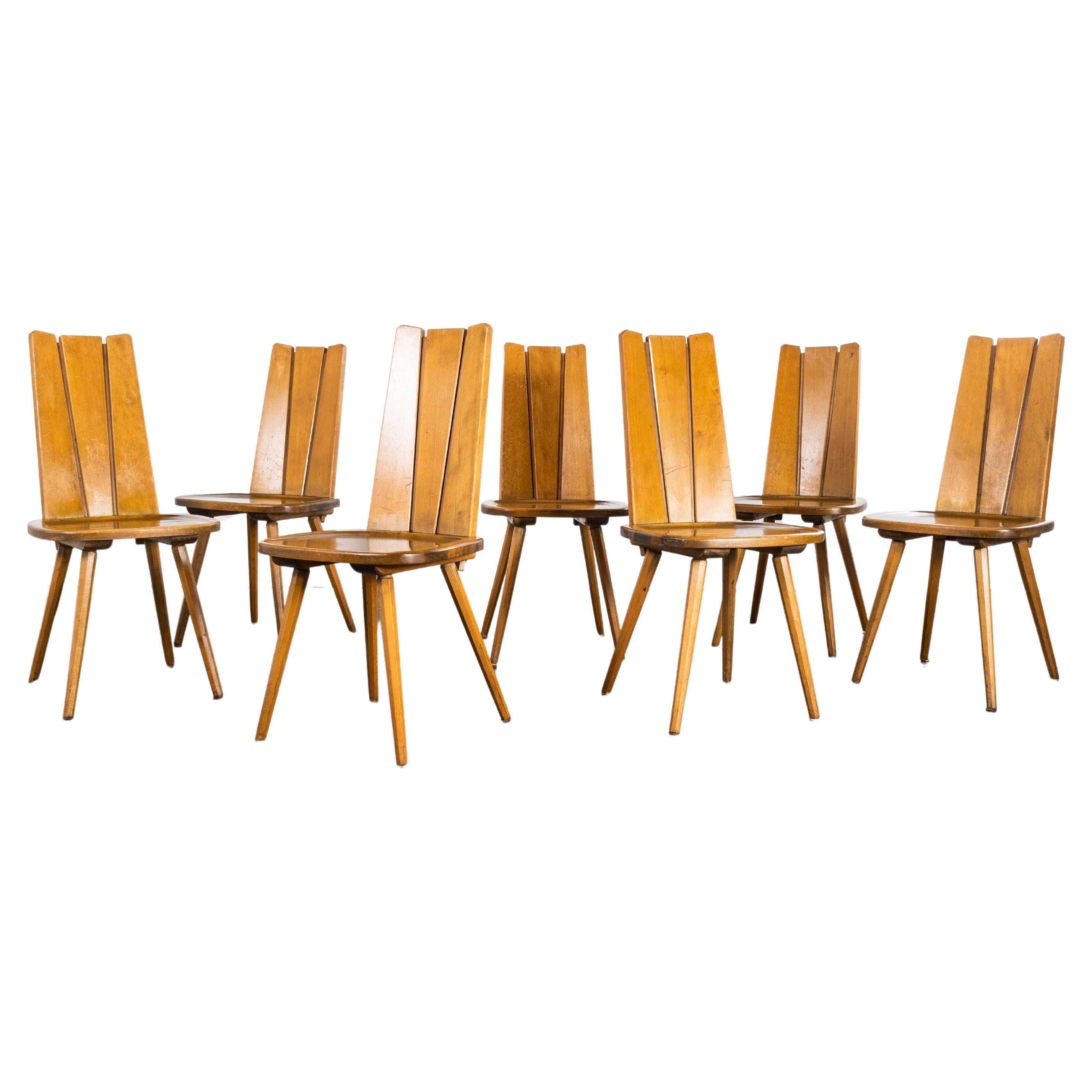 1960's Set Of Seven French Solid Slat Back Dining Chairs For Sale