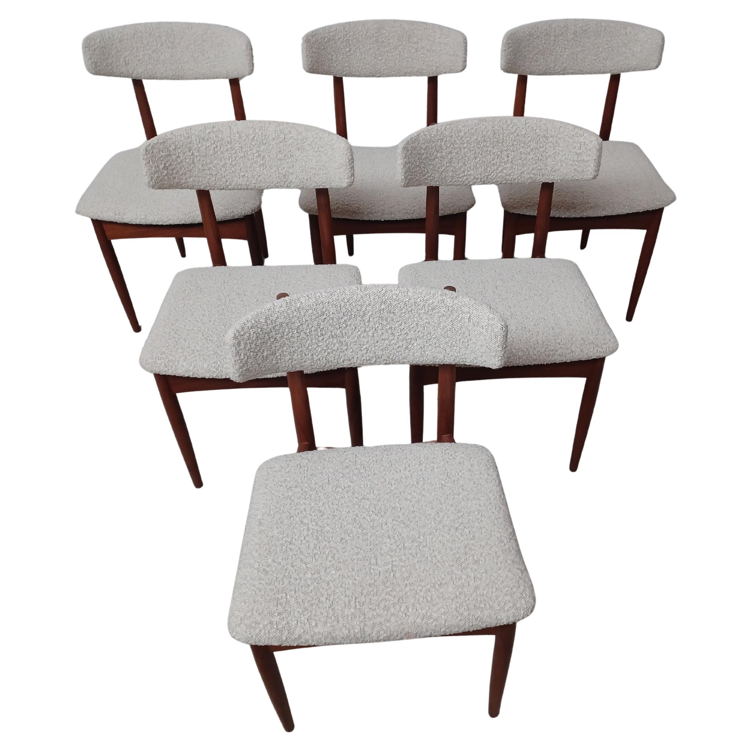 1960s Set of Six Danish Dining Chairs in Teak and Boucle Fabric