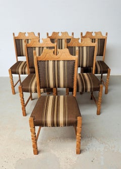 1960's Set of Six Danish Oak Dining Chairs in Henning Kjaernulf Brutalist Style
