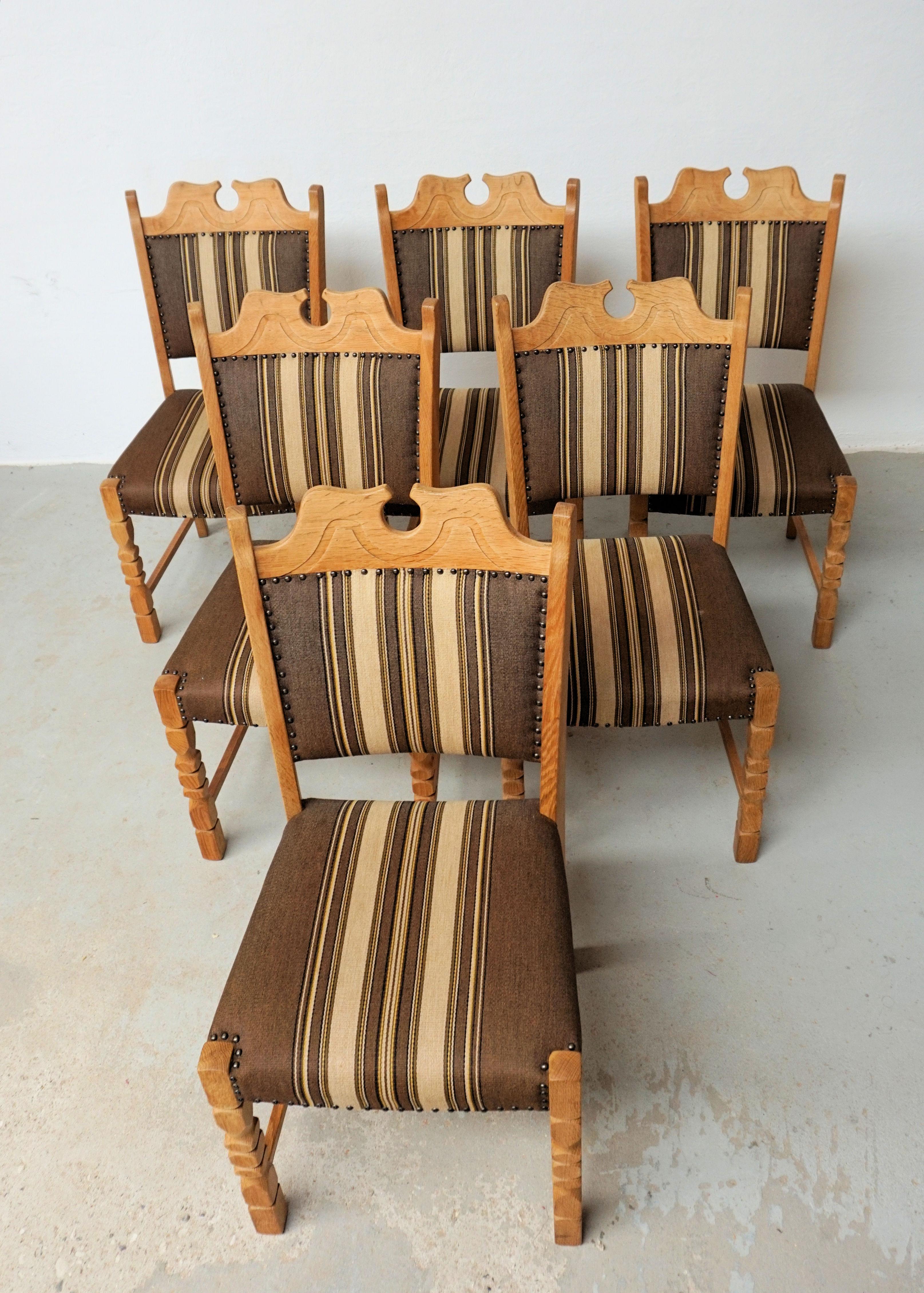 Scandinavian Modern 1960's Set of Six Danish Oak Dining Chairs in Henning Kjaernulf Brutalist Style For Sale
