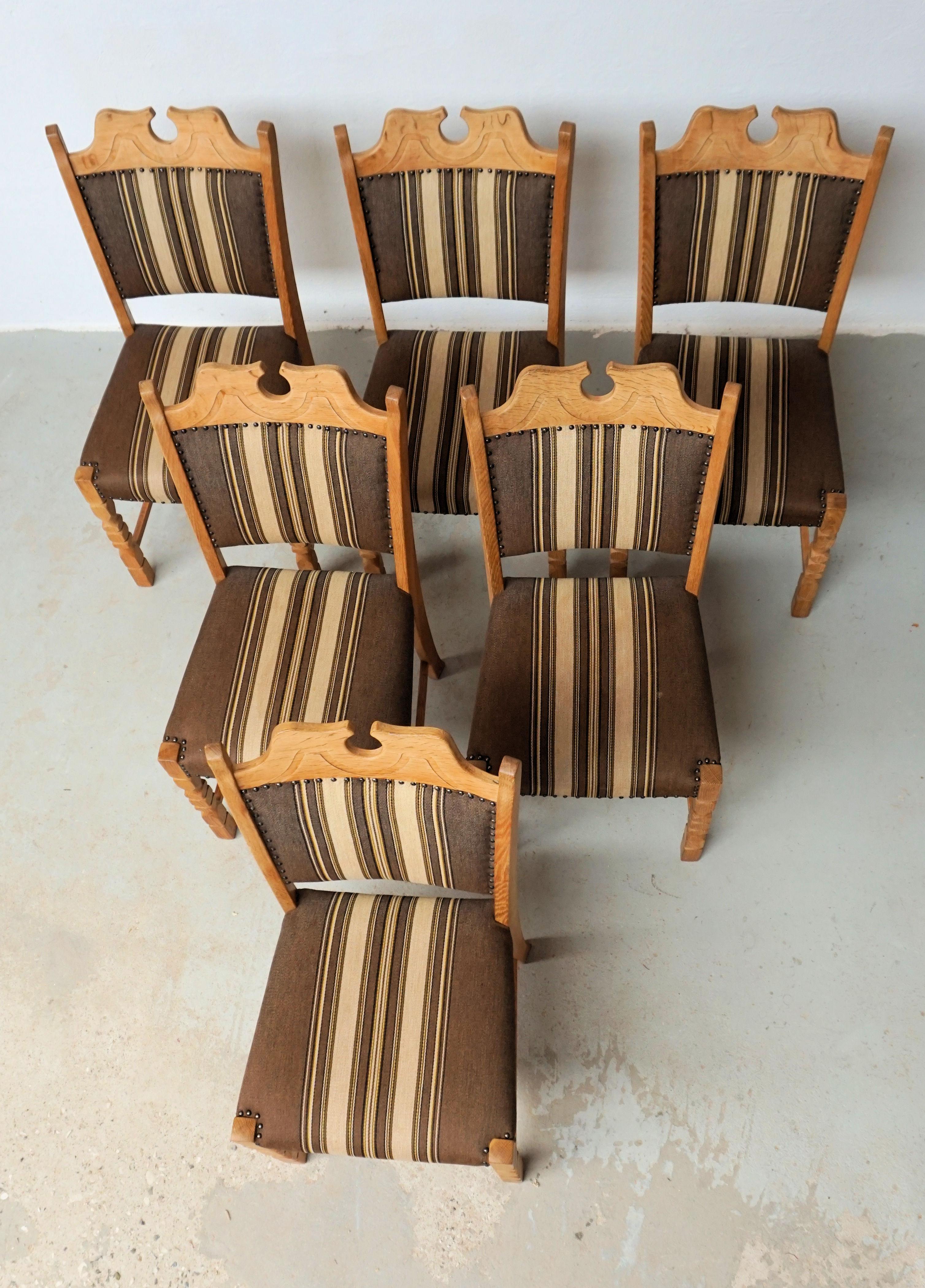 Scandinavian Modern 1960's Set of Six Danish Oak Dining Chairs in Henning Kjaernulf Brutalist Style For Sale