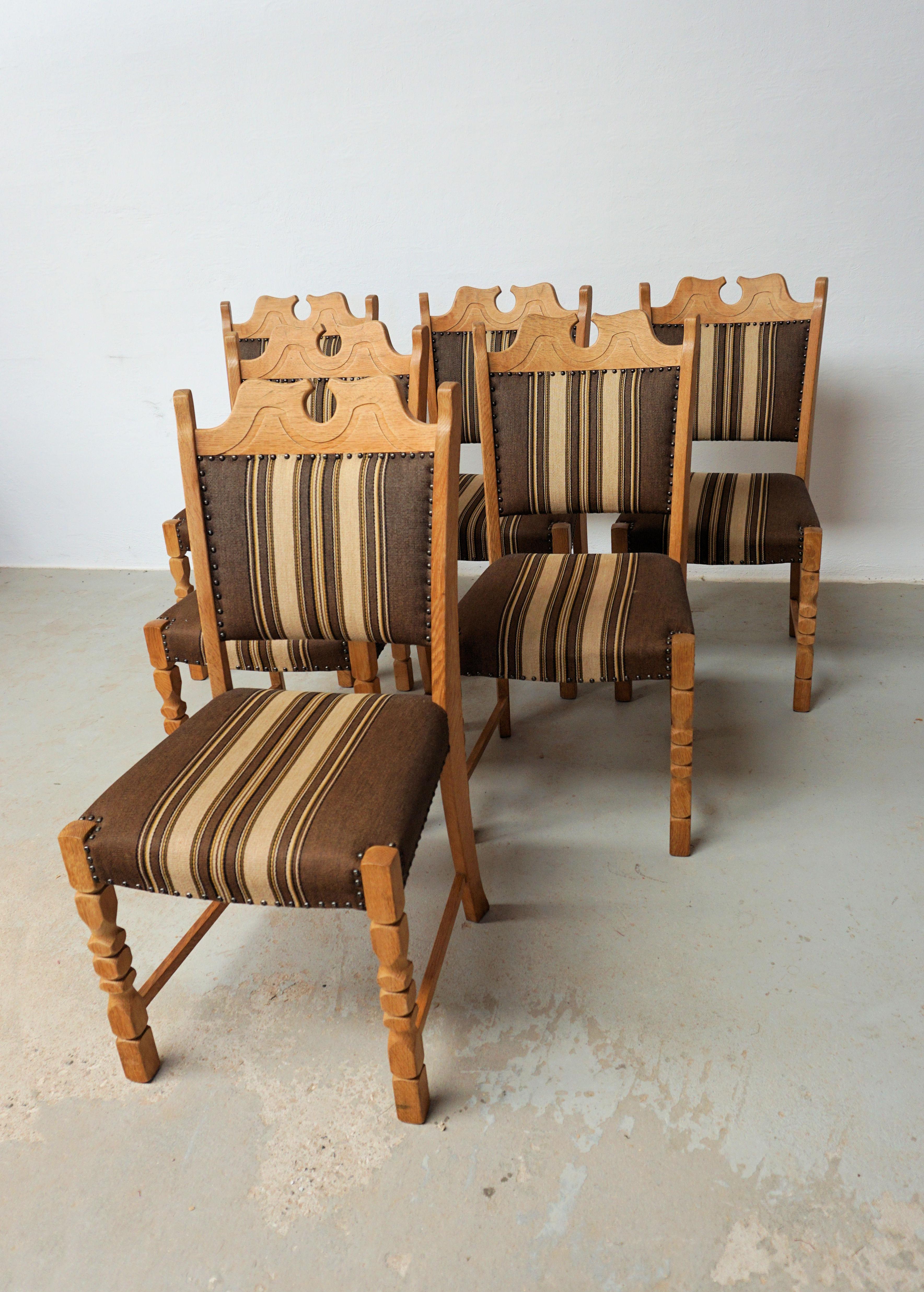 Mid-20th Century 1960's Set of Six Danish Oak Dining Chairs in Henning Kjaernulf Brutalist Style For Sale
