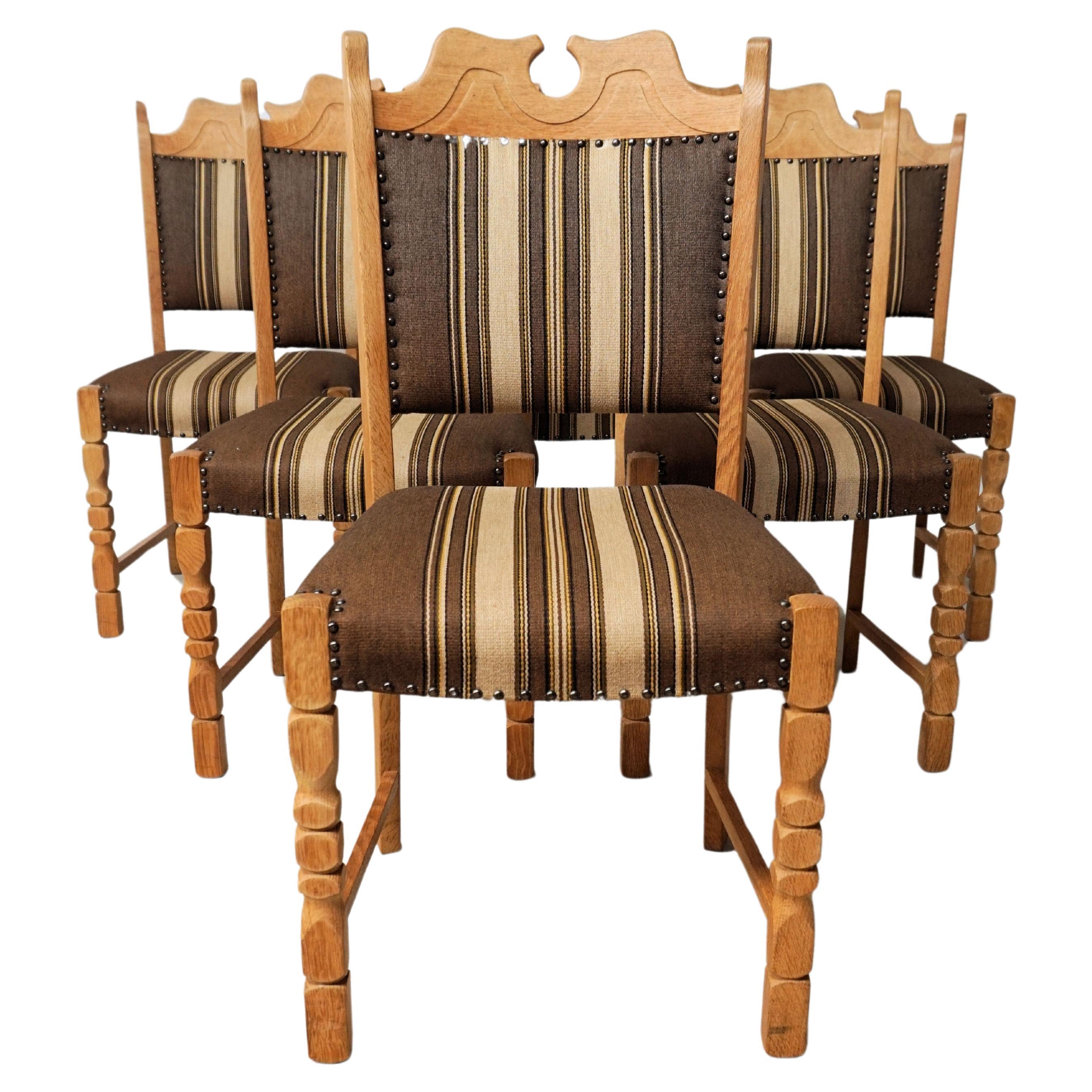 1960's Set of Six Danish Oak Dining Chairs in Henning Kjaernulf Brutalist Style